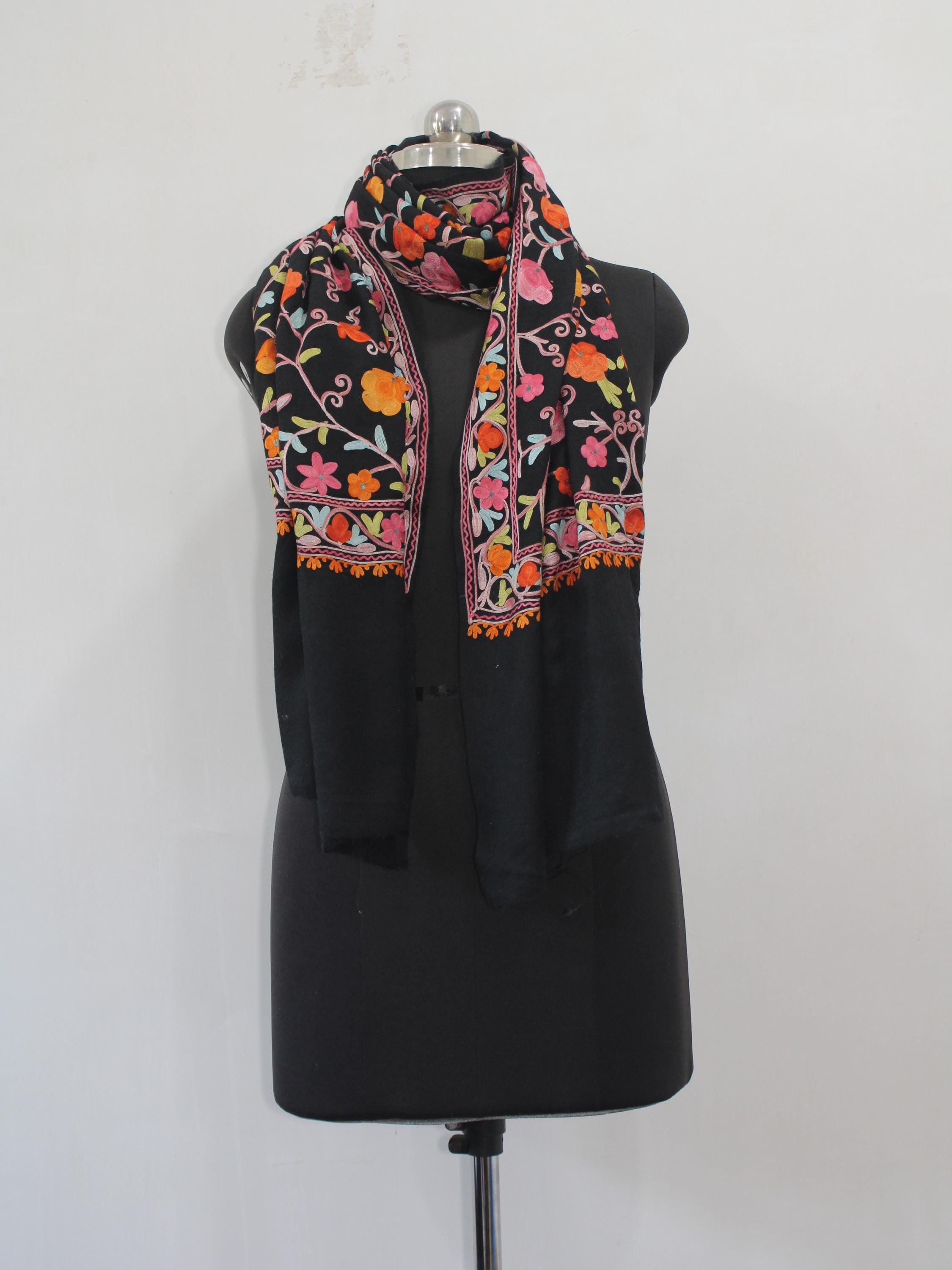Kashmiri Wool Stole: Aari Embroidered Floral Scarf BATIN