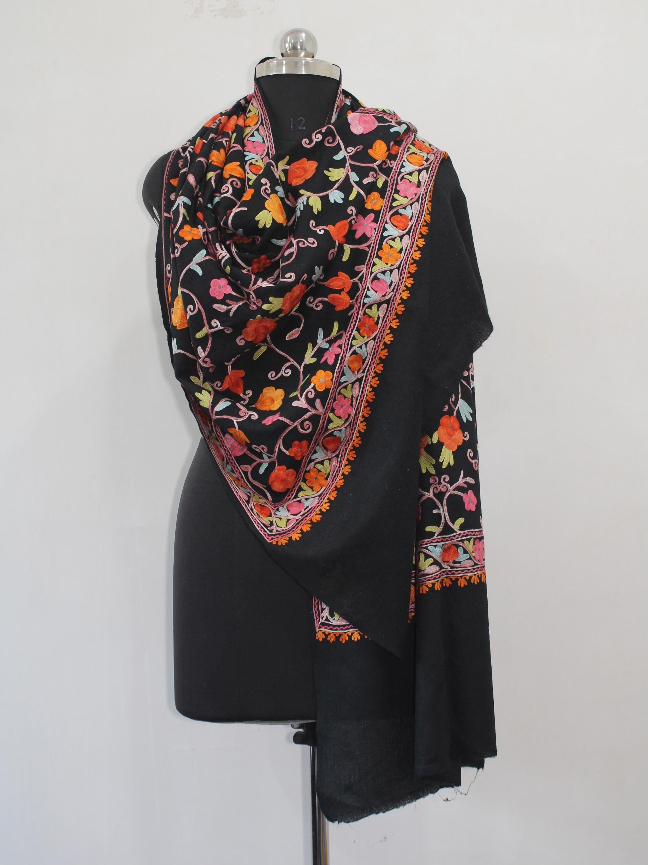 Kashmiri Wool Stole: Aari Embroidered Floral Scarf BATIN