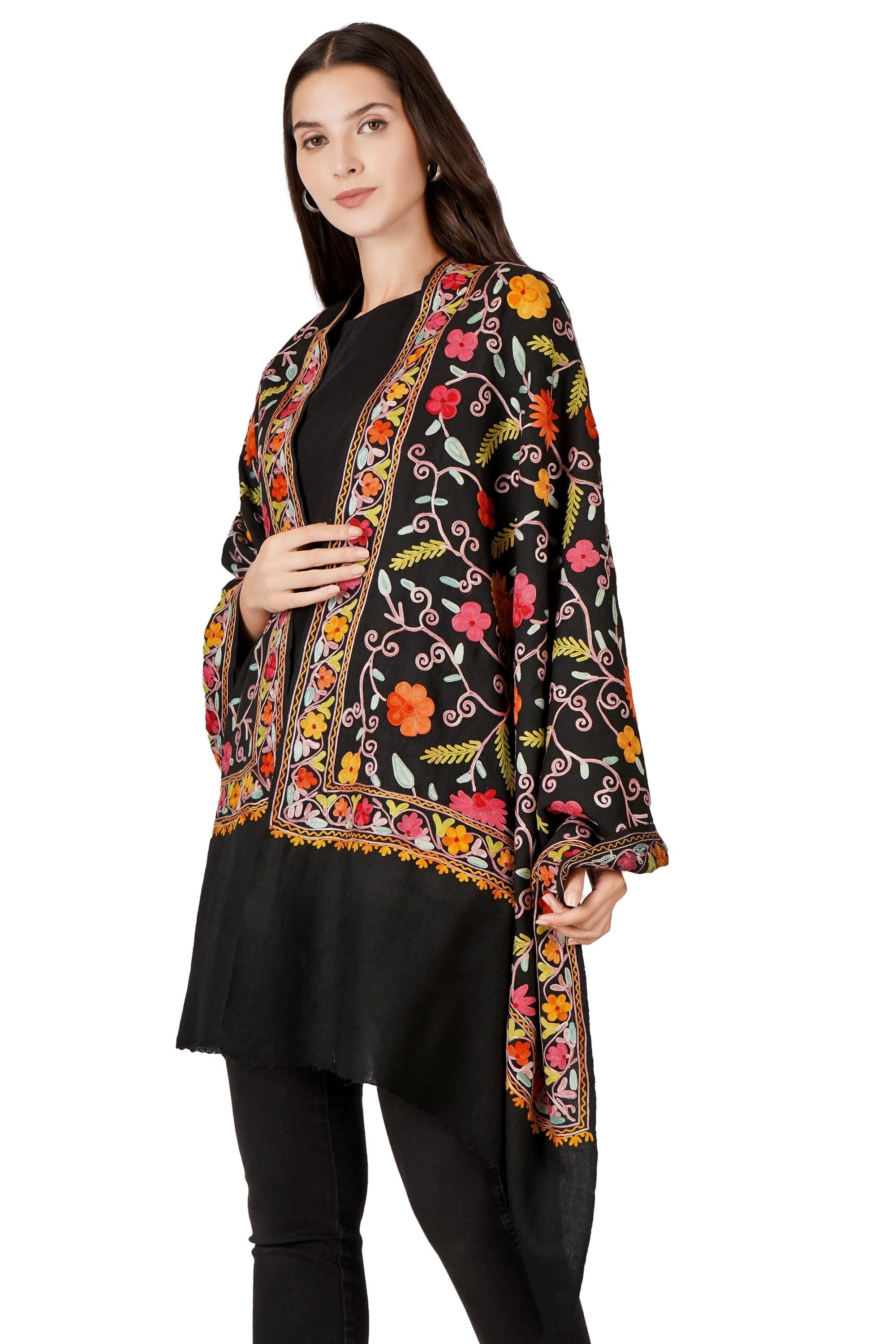 Floral Kashmiri Wool Scarf: Aari Embroidered Indian Shawl - BATIN