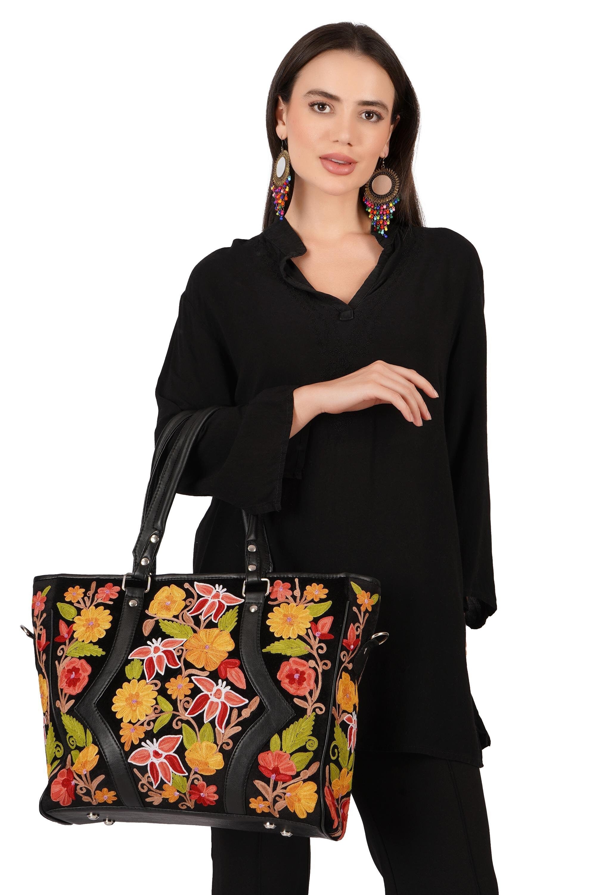 Handmade Kashmiri Embroidered Leather Tote Bag: Floral Office Bag - BATIN