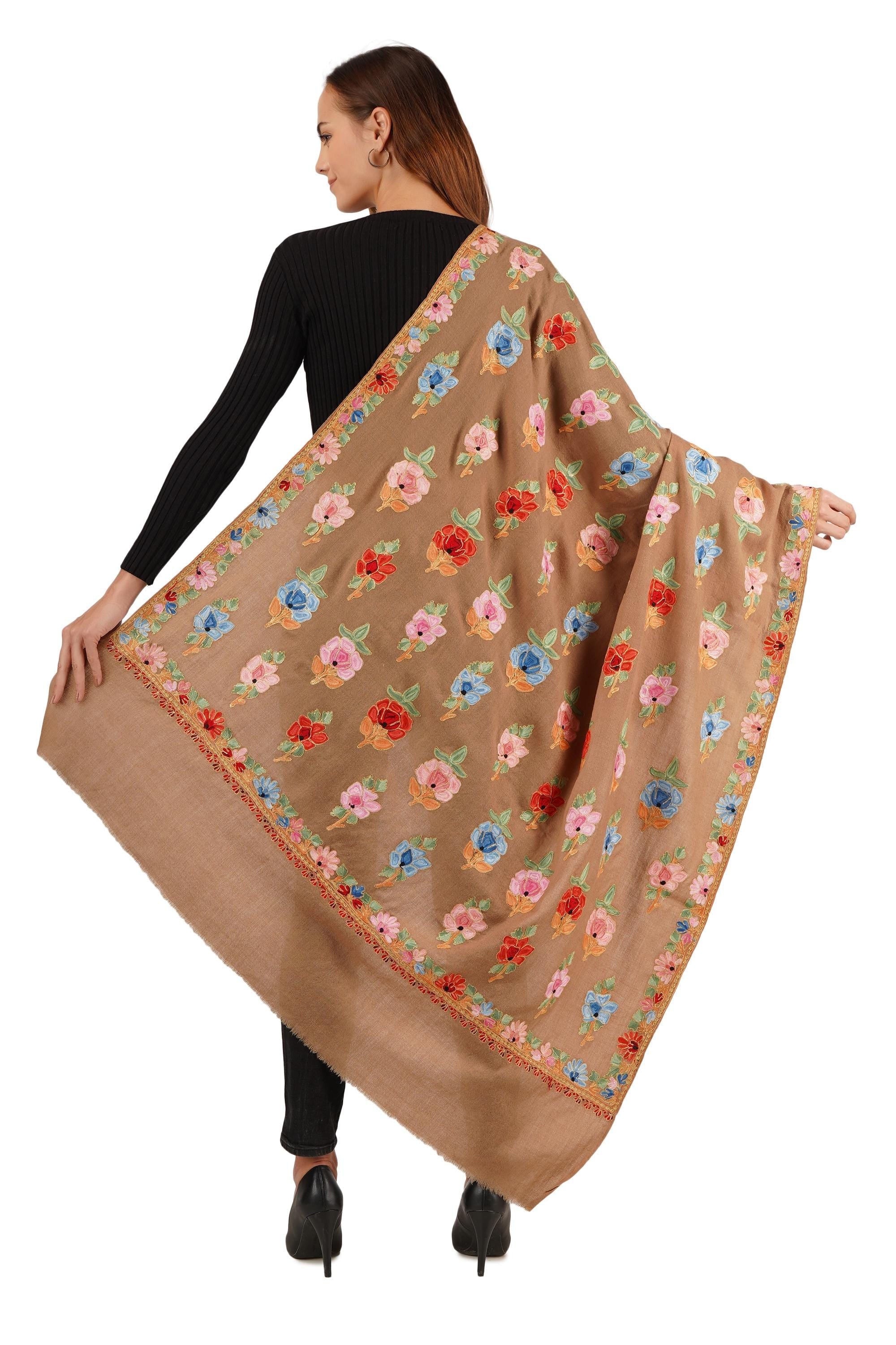 Kashmiri Merino Wool Shawl: Hand Embroidered Floral Aari & Tilla Work BATIN