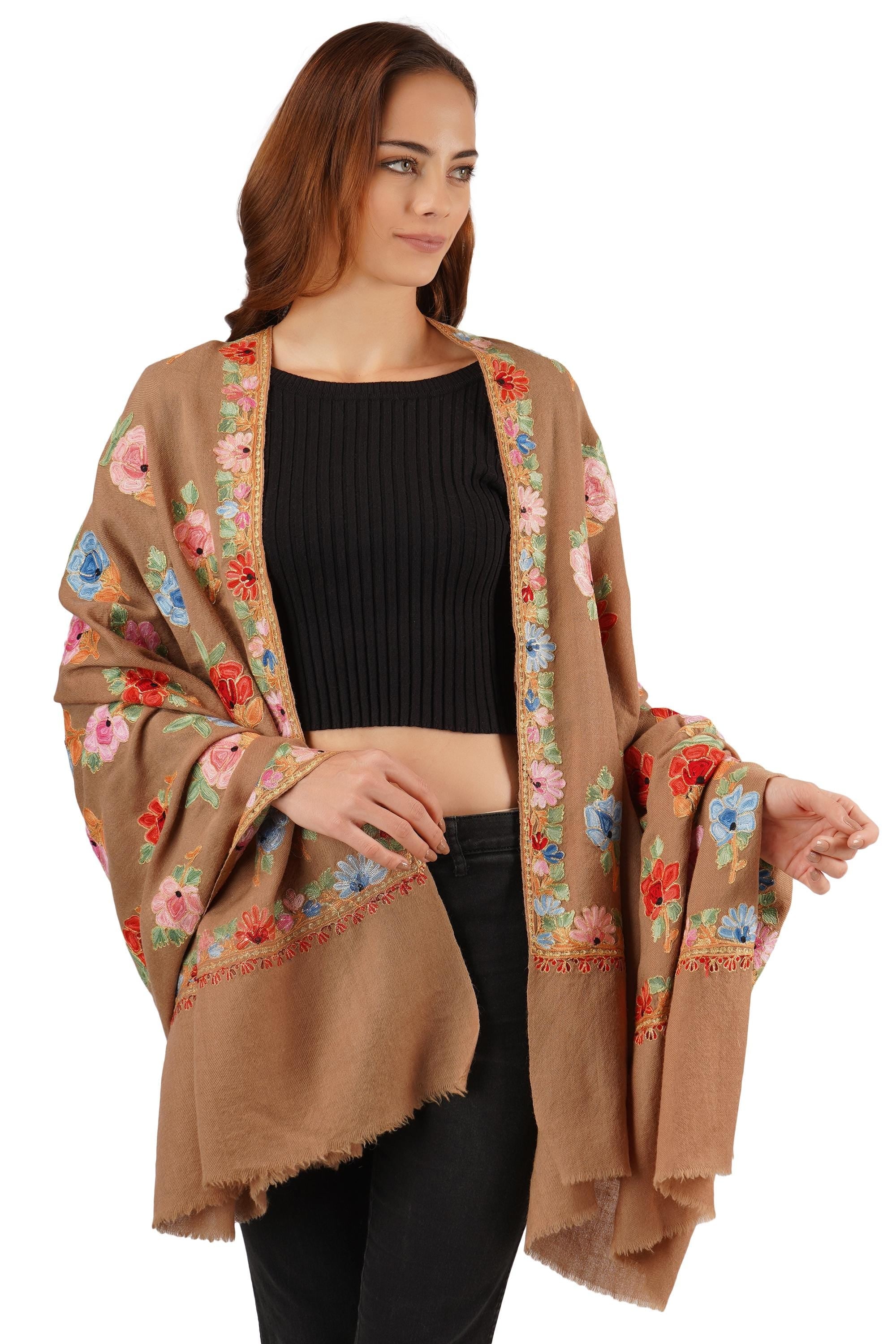Kashmiri Merino Wool Shawl: Hand Embroidered Floral Aari & Tilla Work BATIN