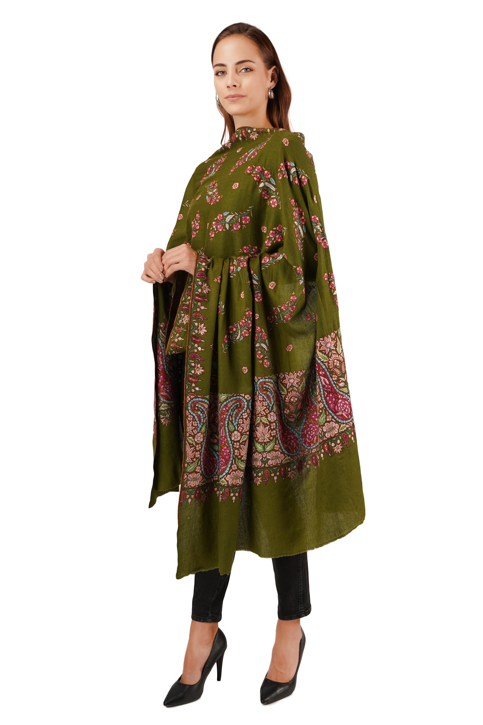 Handmade Green Pashmina Shawl: Sozni Paper Mache Embroidery - BATIN