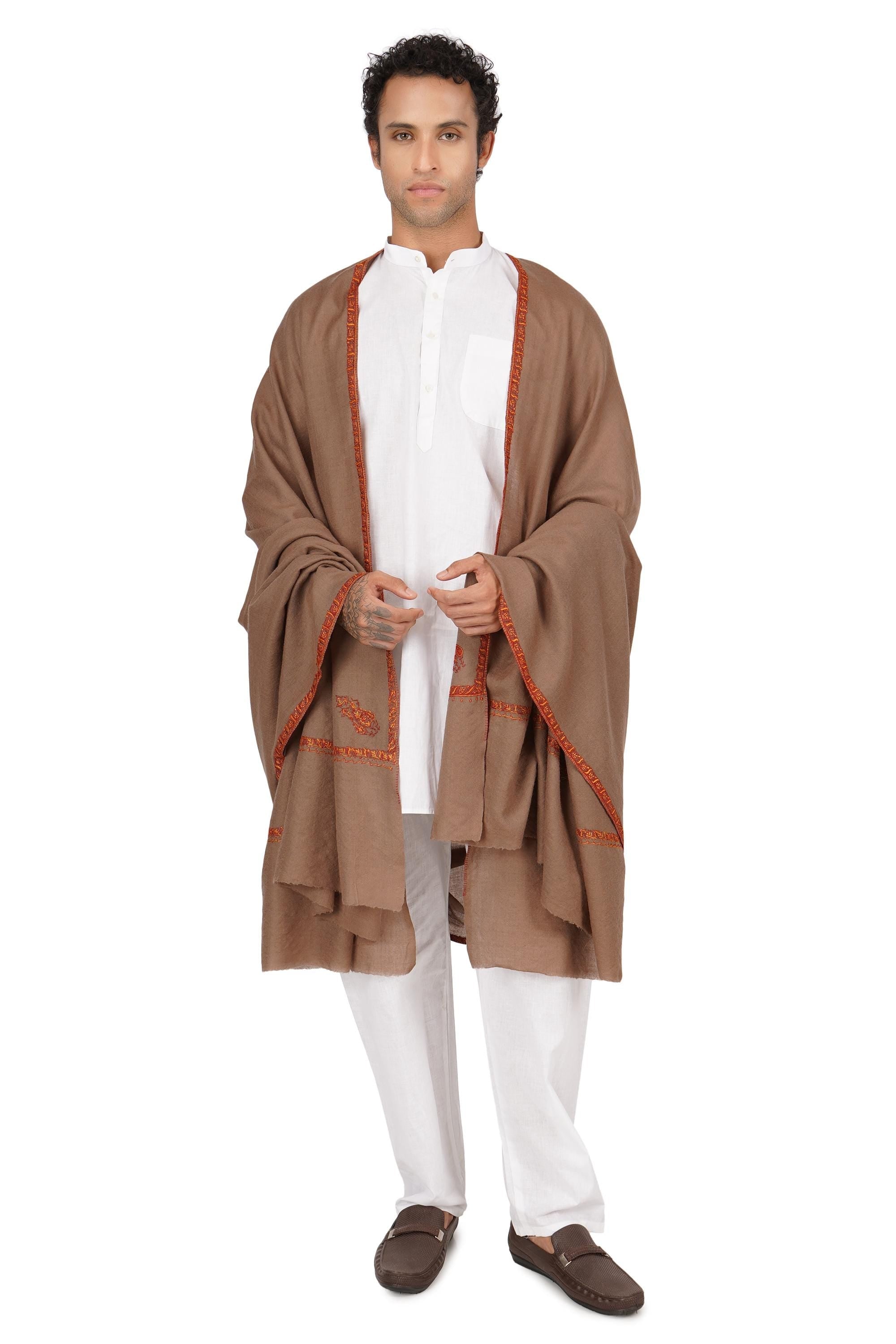 Mens Merino Wool Shawl: Kashmiri Hand Embroidered Sozni Wrap BATIN