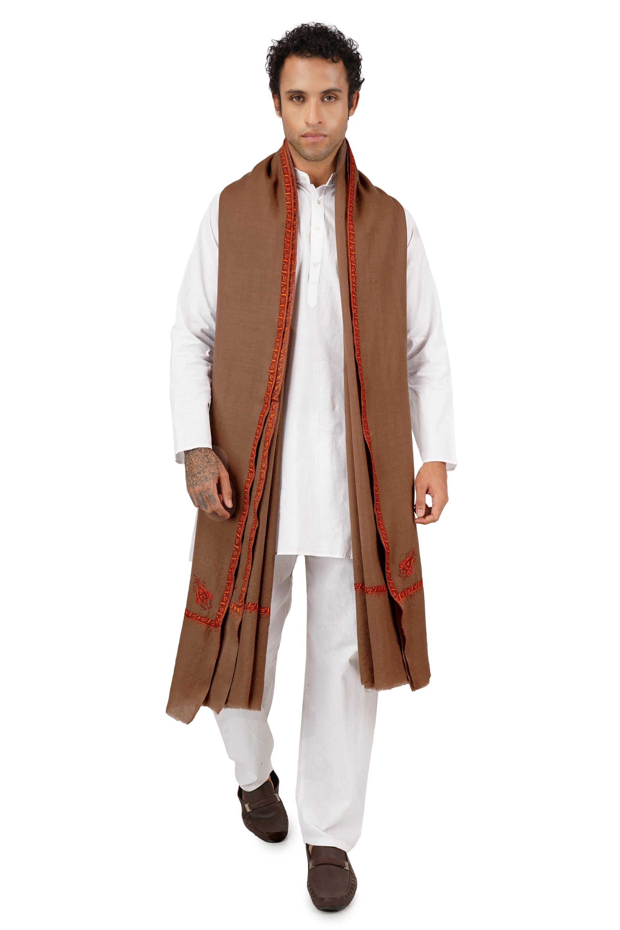 Mens Merino Wool Shawl: Kashmiri Hand Embroidered Sozni Wrap BATIN