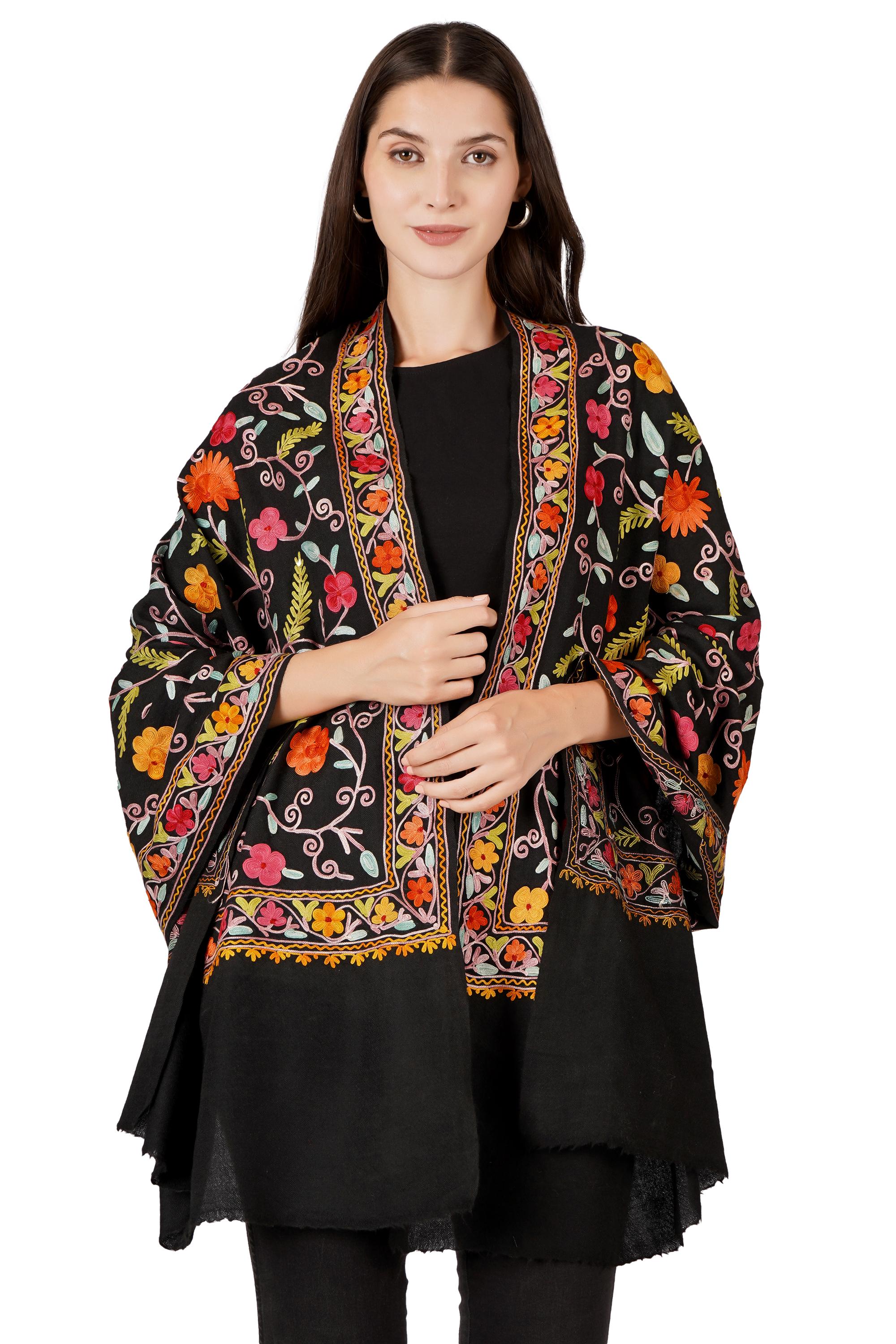 Floral Kashmiri Wool Scarf: Aari Embroidery Shawl Wrap - BATIN