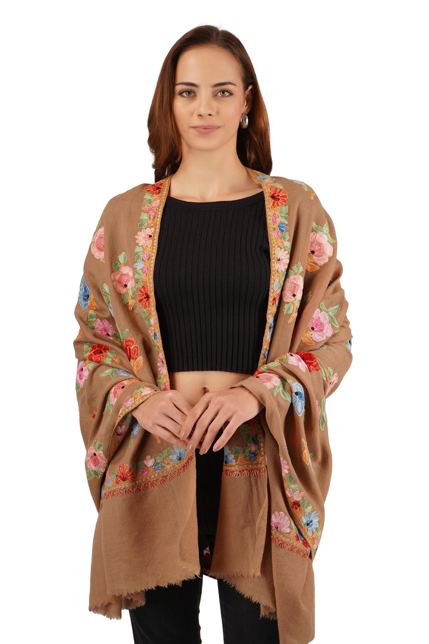 Kashmiri Merino Wool Shawl: Hand Embroidered Floral Aari & Tilla Work BATIN