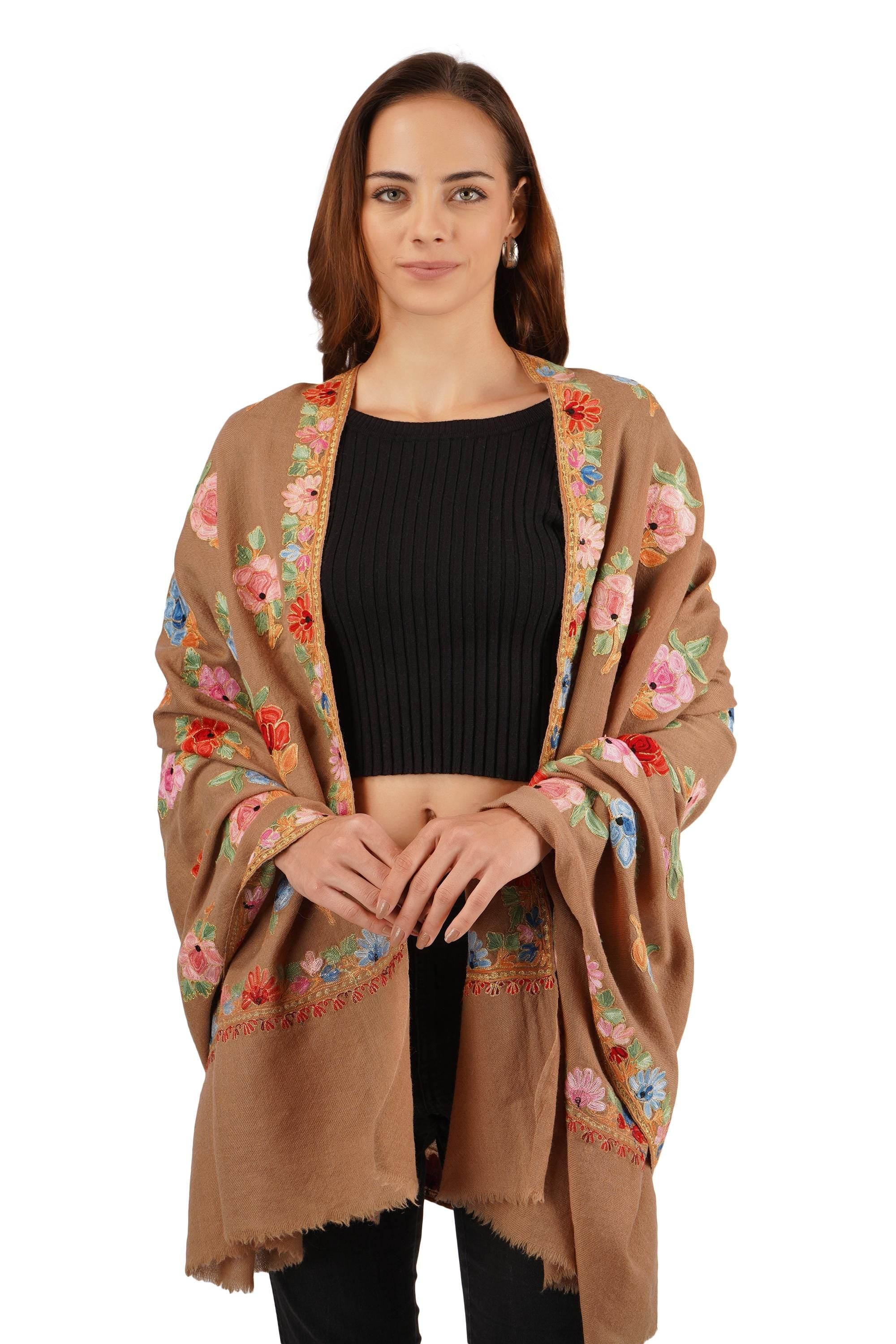 Kashmiri Merino Wool Shawl: Hand Embroidered Floral Aari & Tilla Work BATIN