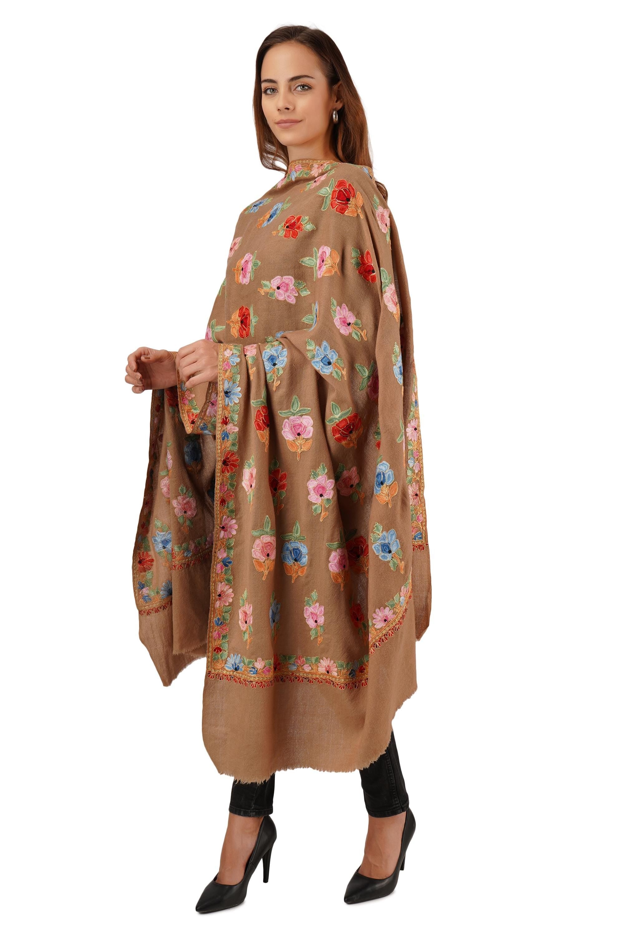 Kashmiri Merino Wool Shawl: Hand Embroidered Floral Aari & Tilla Work BATIN
