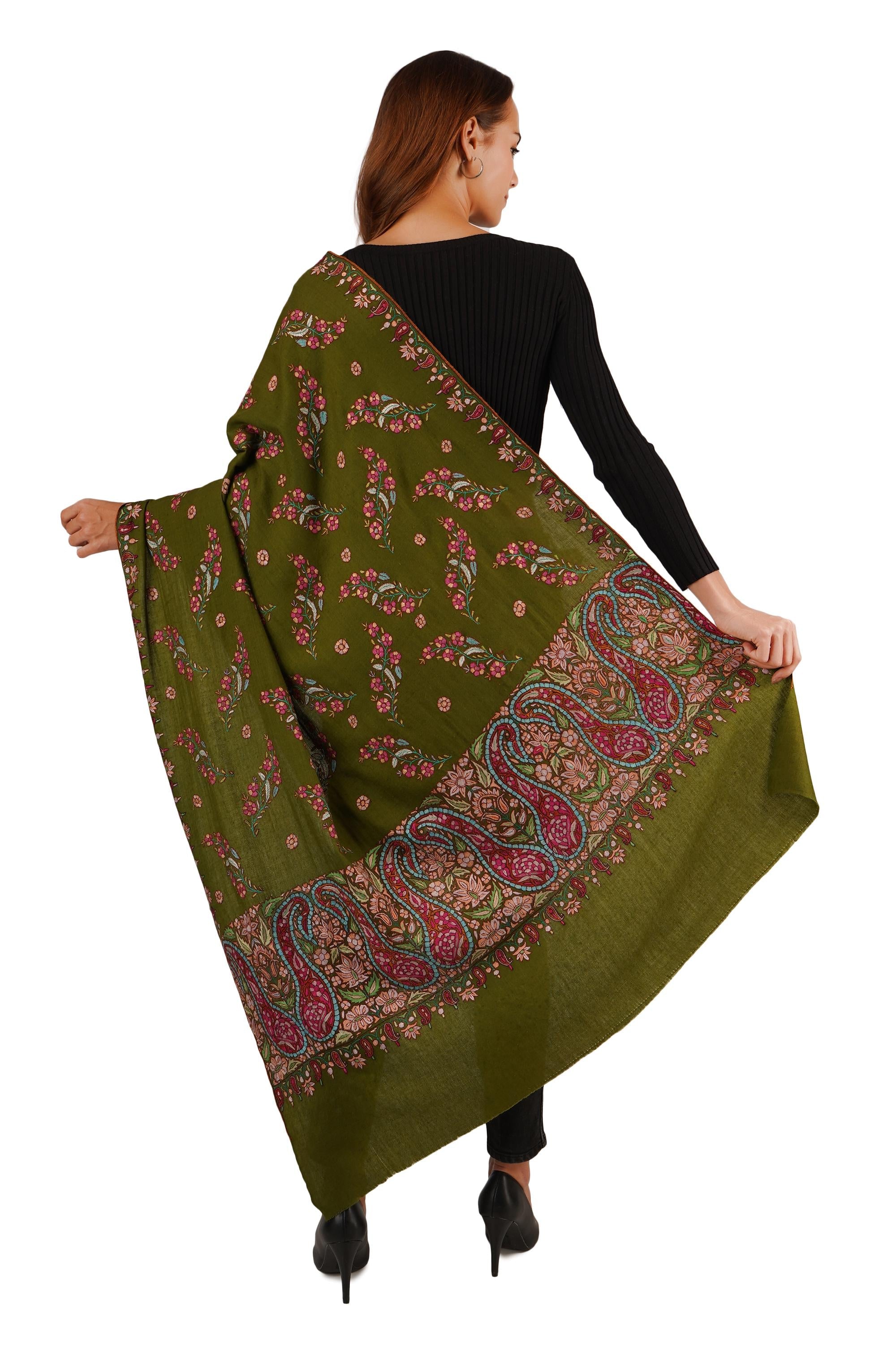 Handmade Green Pashmina Shawl: Sozni Paper Mache Embroidery - BATIN