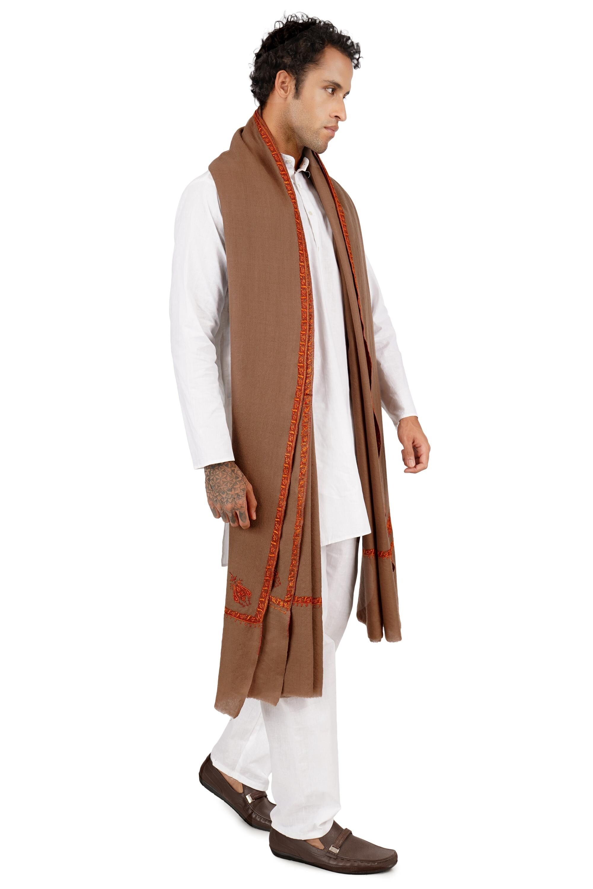 Mens Merino Wool Shawl: Kashmiri Hand Embroidered Sozni Wrap BATIN