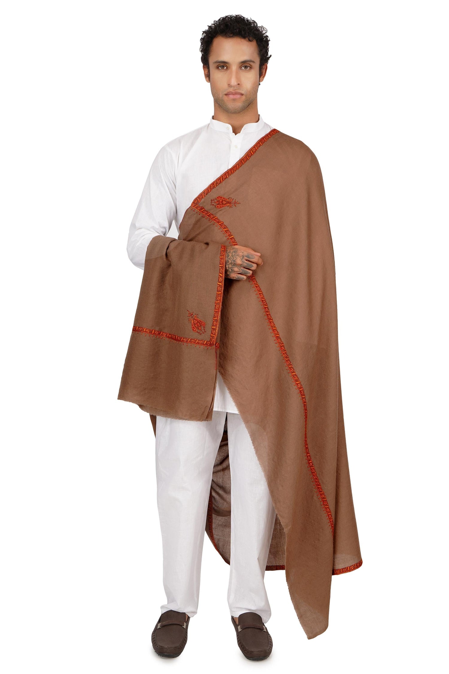 Mens Merino Wool Shawl: Kashmiri Hand Embroidered Sozni Wrap BATIN
