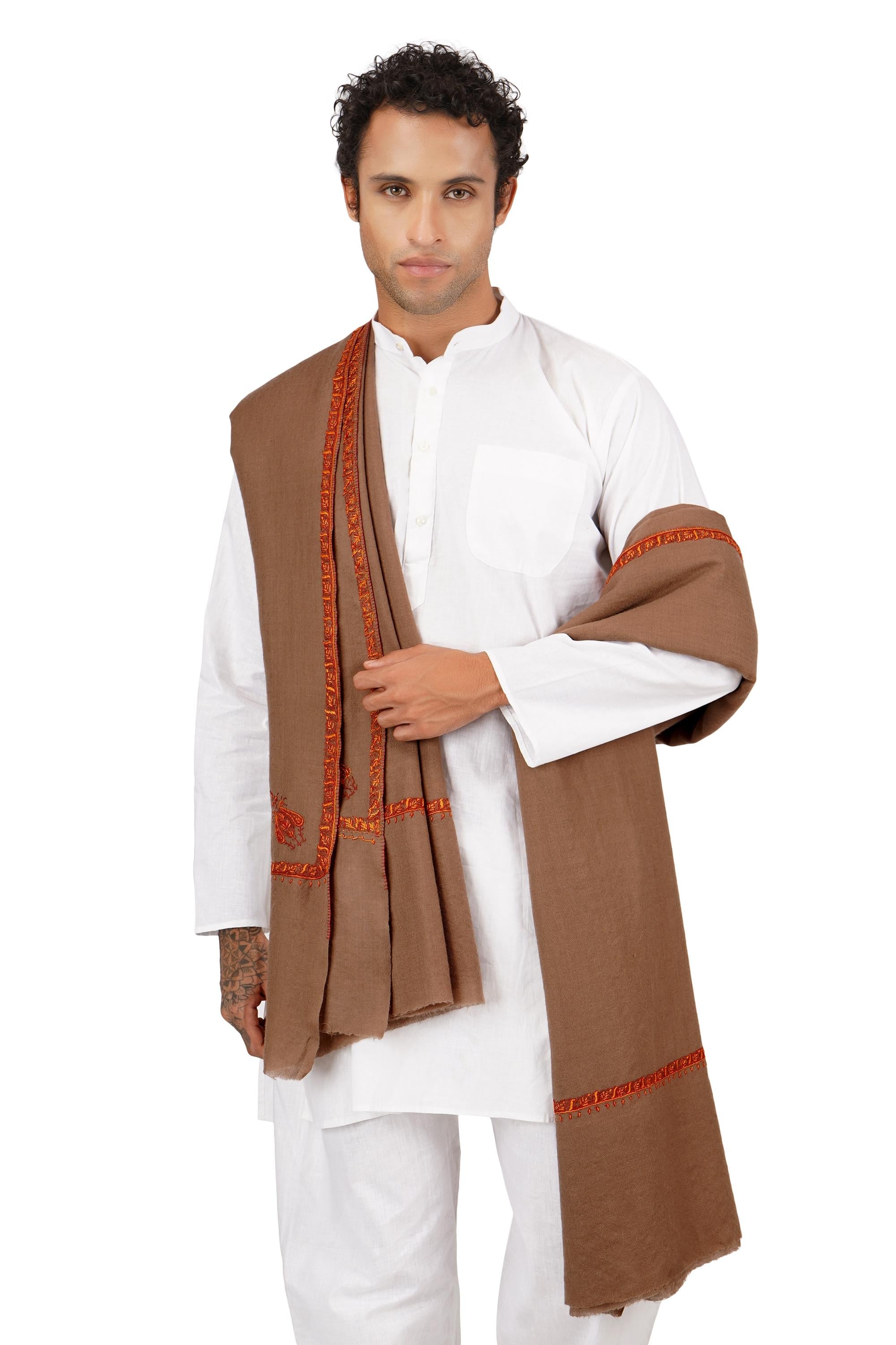 Mens Merino Wool Shawl: Kashmiri Hand Embroidered Sozni Wrap BATIN