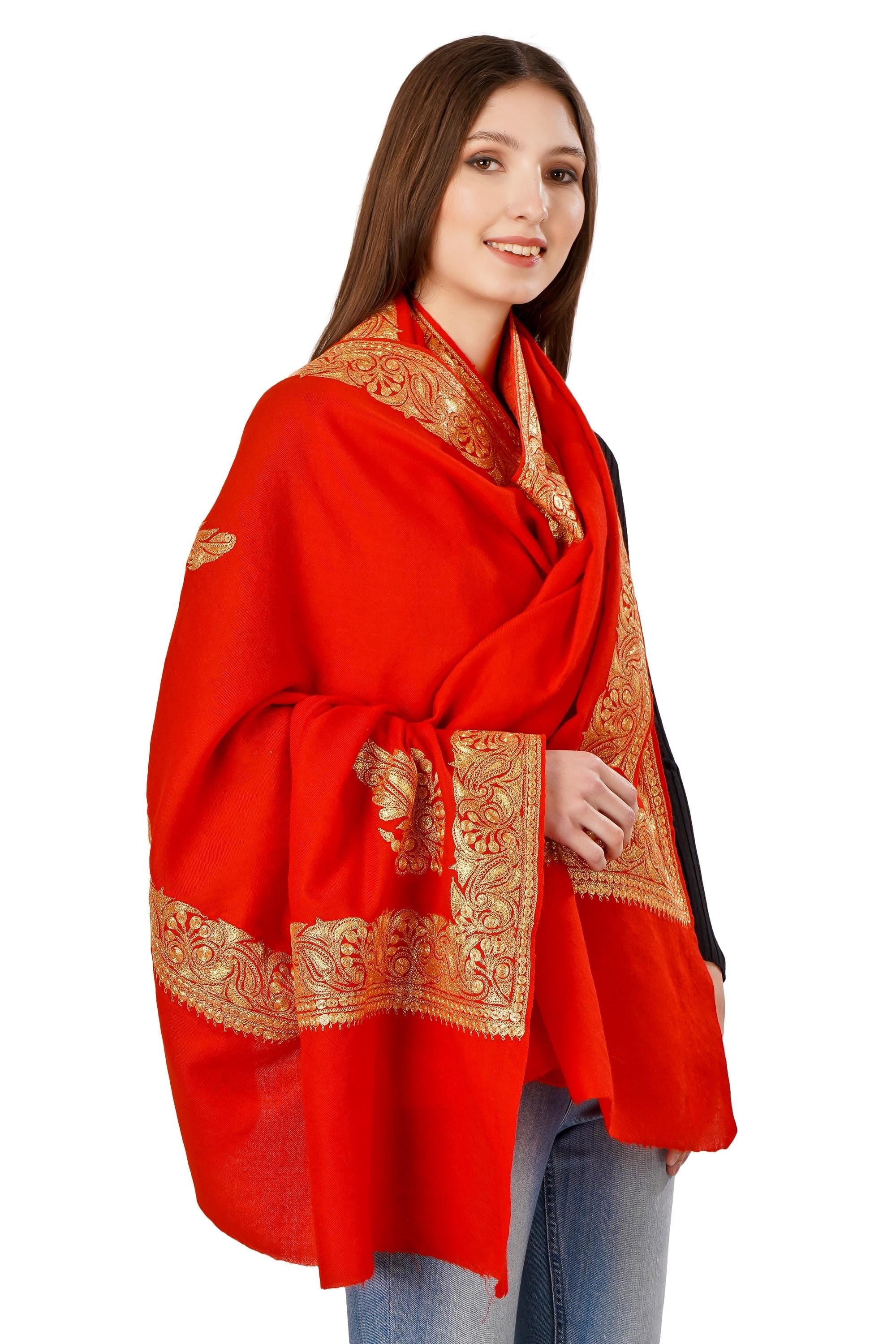 Kashmiri Cashmere Shawl: Red Tilla Zari Embroidered Bridal Wrap BATIN