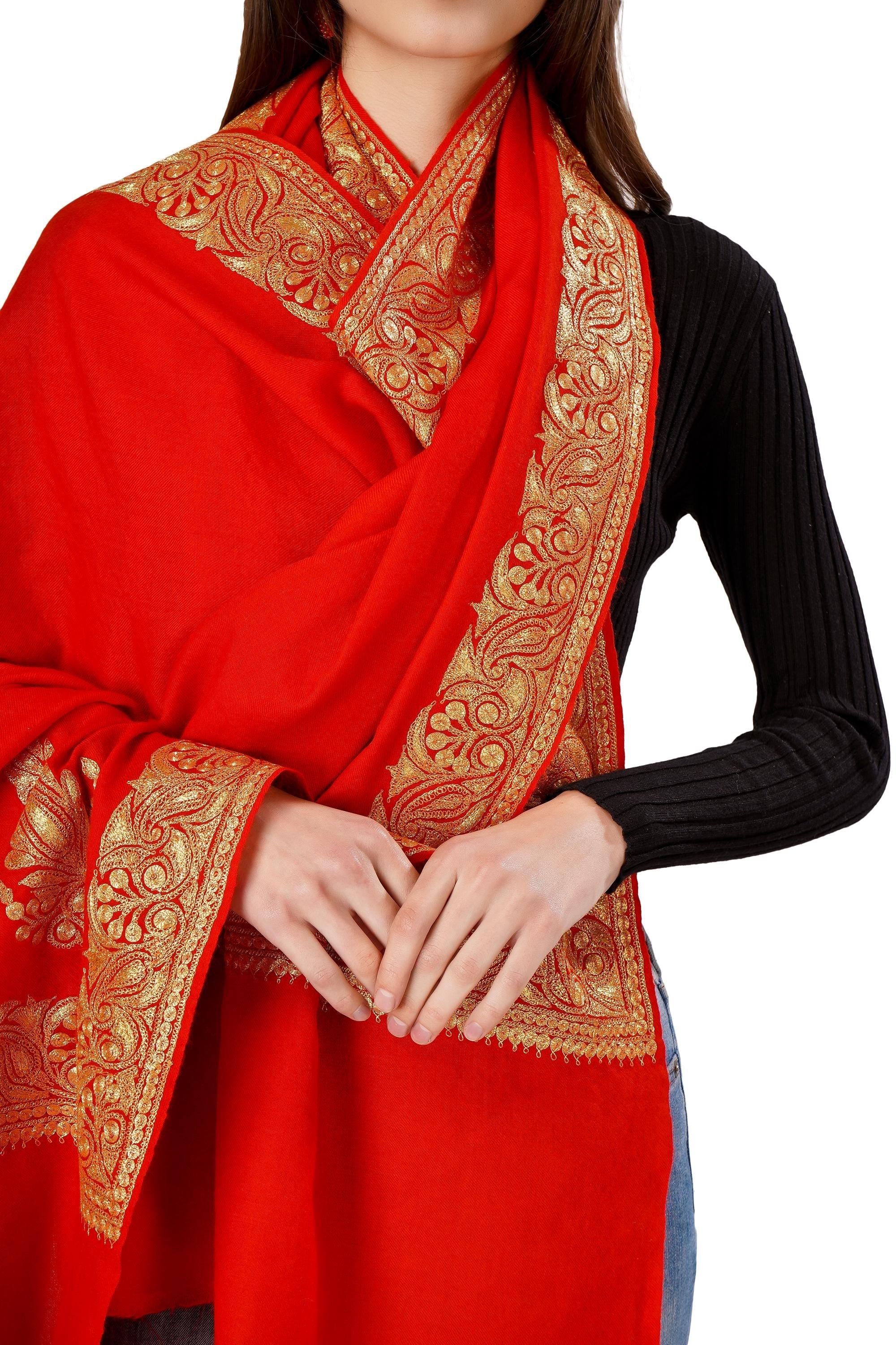 Kashmiri Cashmere Shawl: Red Tilla Zari Embroidered Bridal Wrap BATIN