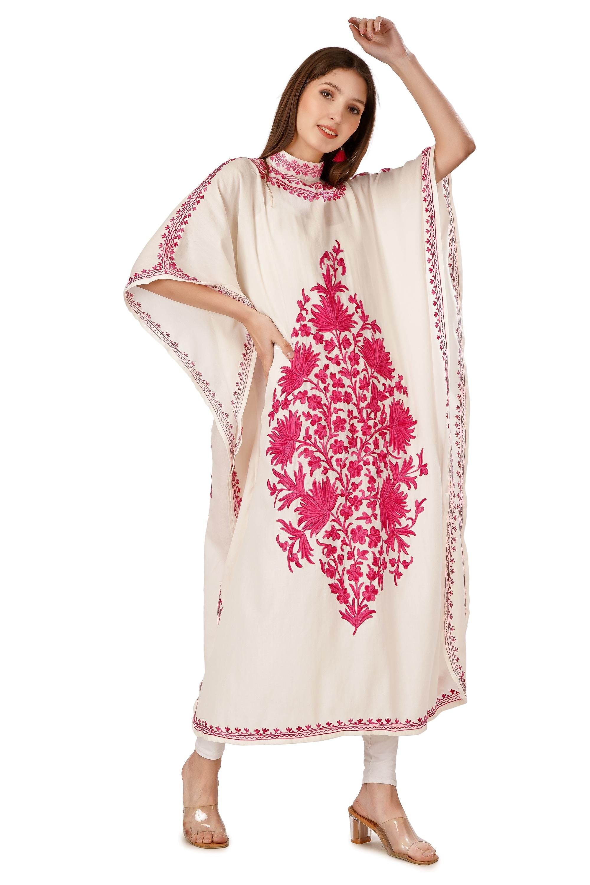 Kashmiri Aari Embroidered Wool Kaftan Dress: Pink Floral, Bohemian Maxi BATIN