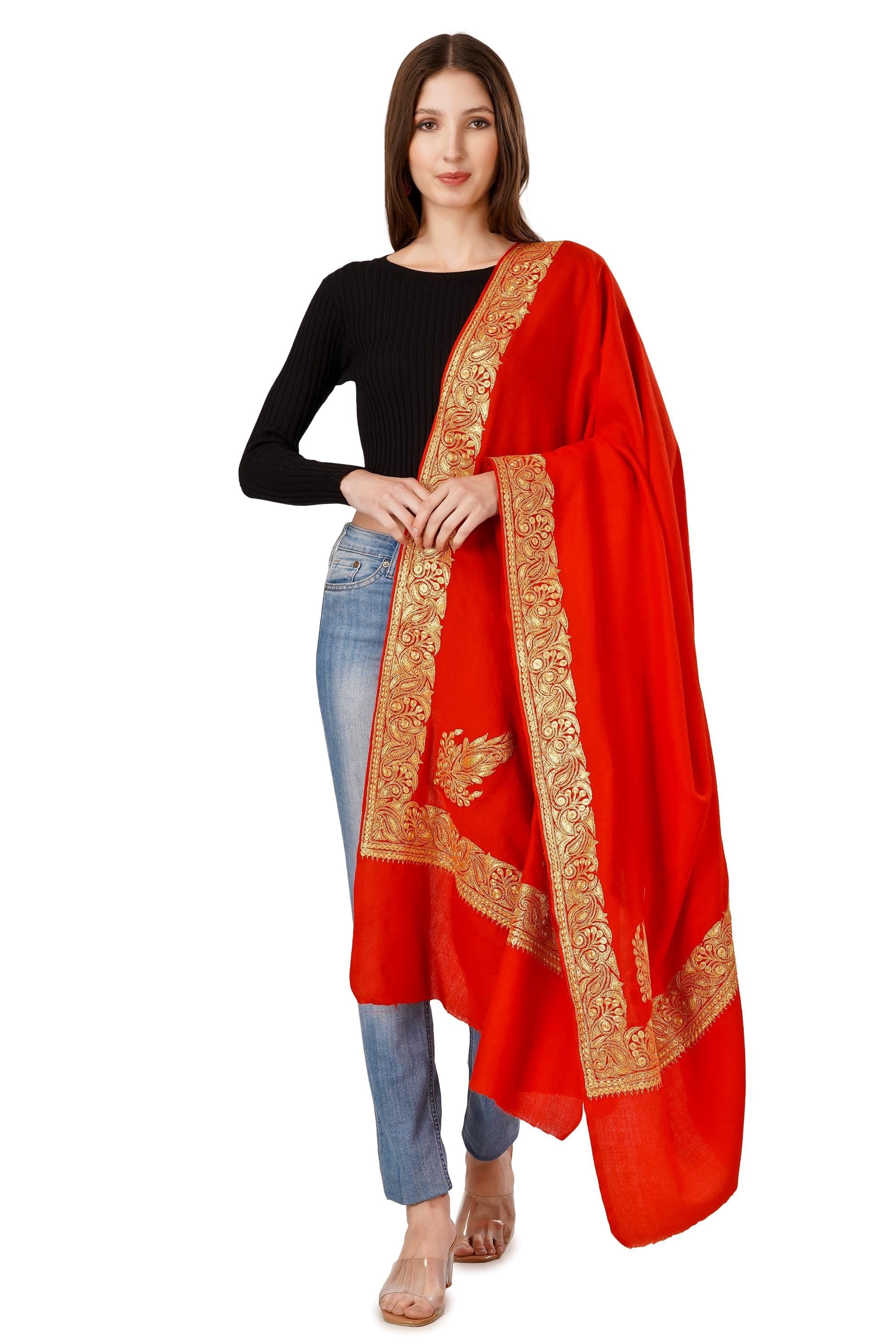 Kashmiri Cashmere Shawl: Red Tilla Zari Embroidered Bridal Wrap BATIN