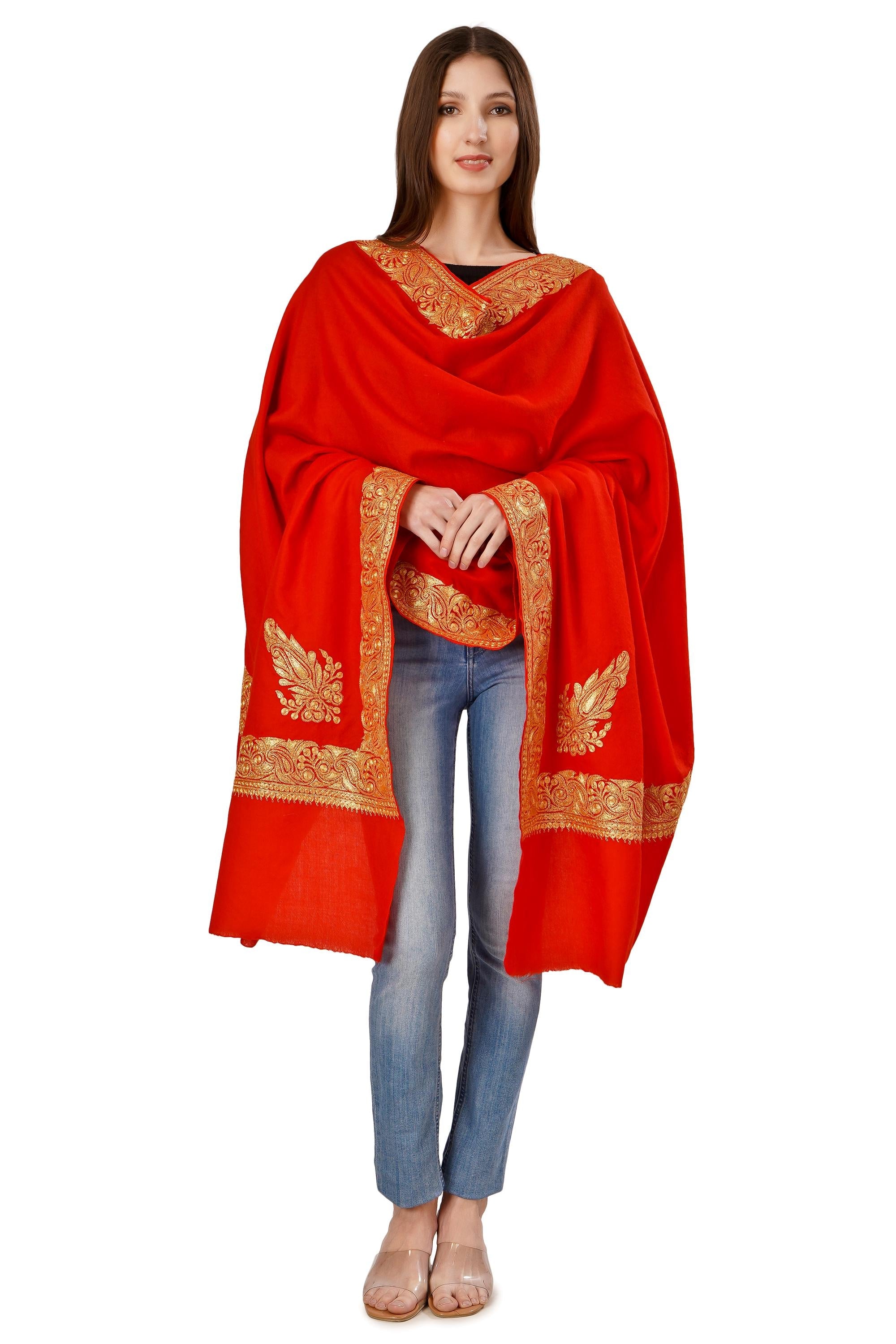 Kashmiri Cashmere Shawl: Red Tilla Zari Embroidered Bridal Wrap BATIN