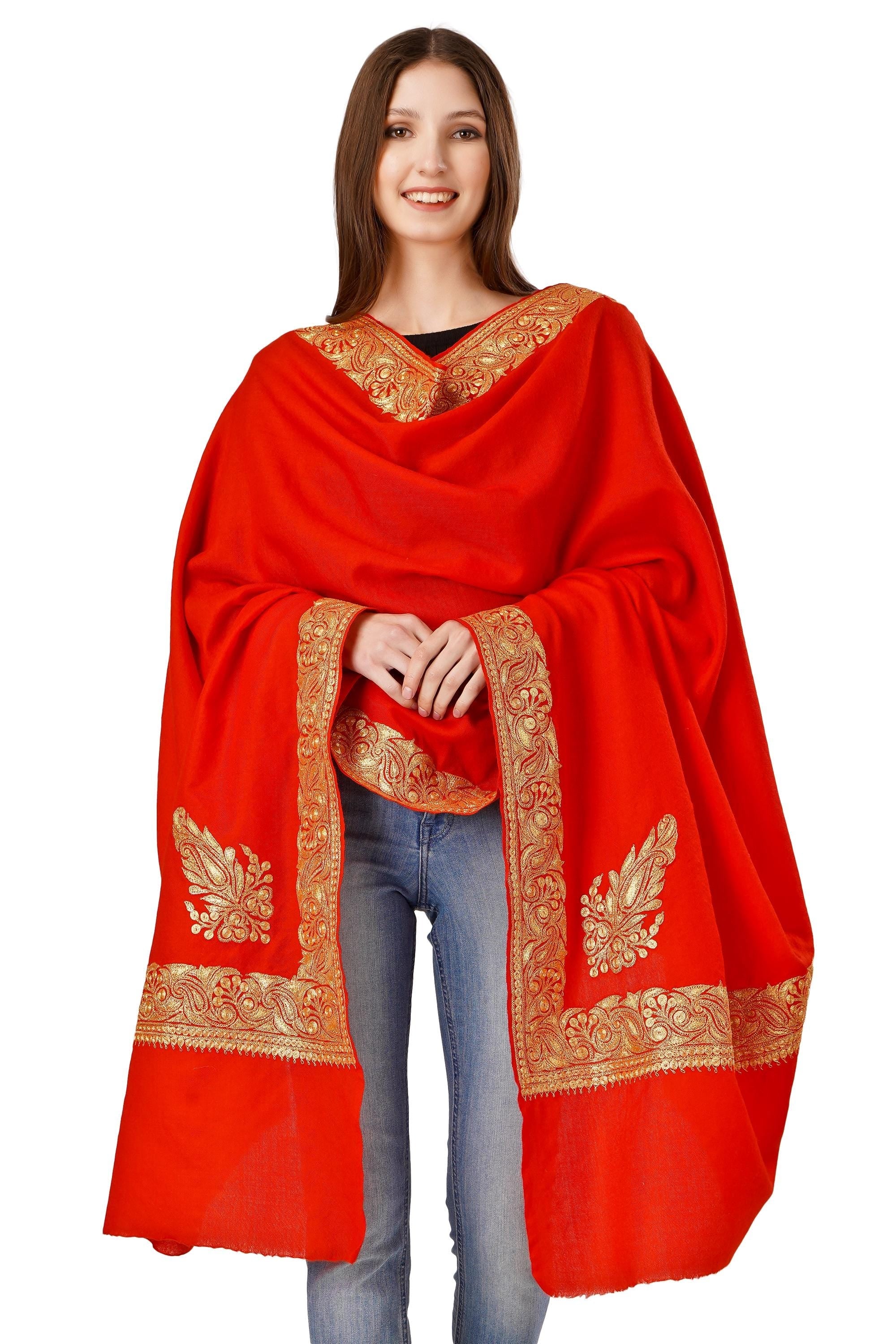 Kashmiri Cashmere Shawl: Red Tilla Zari Embroidered Bridal Wrap BATIN
