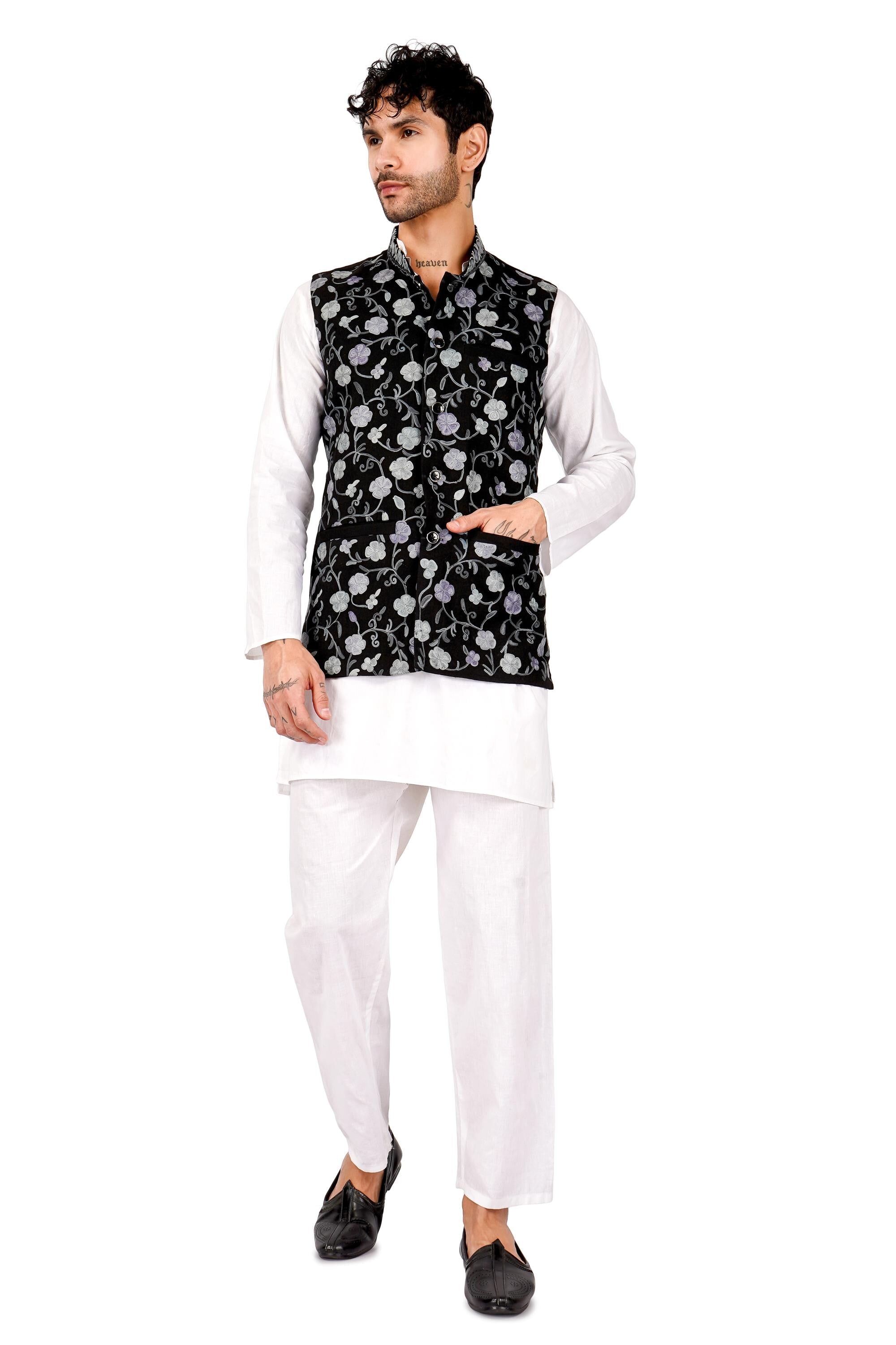 Handmade Kashmiri Aari Embroidered Nehru Jacket: Floral Modi Waistcoat - BATIN