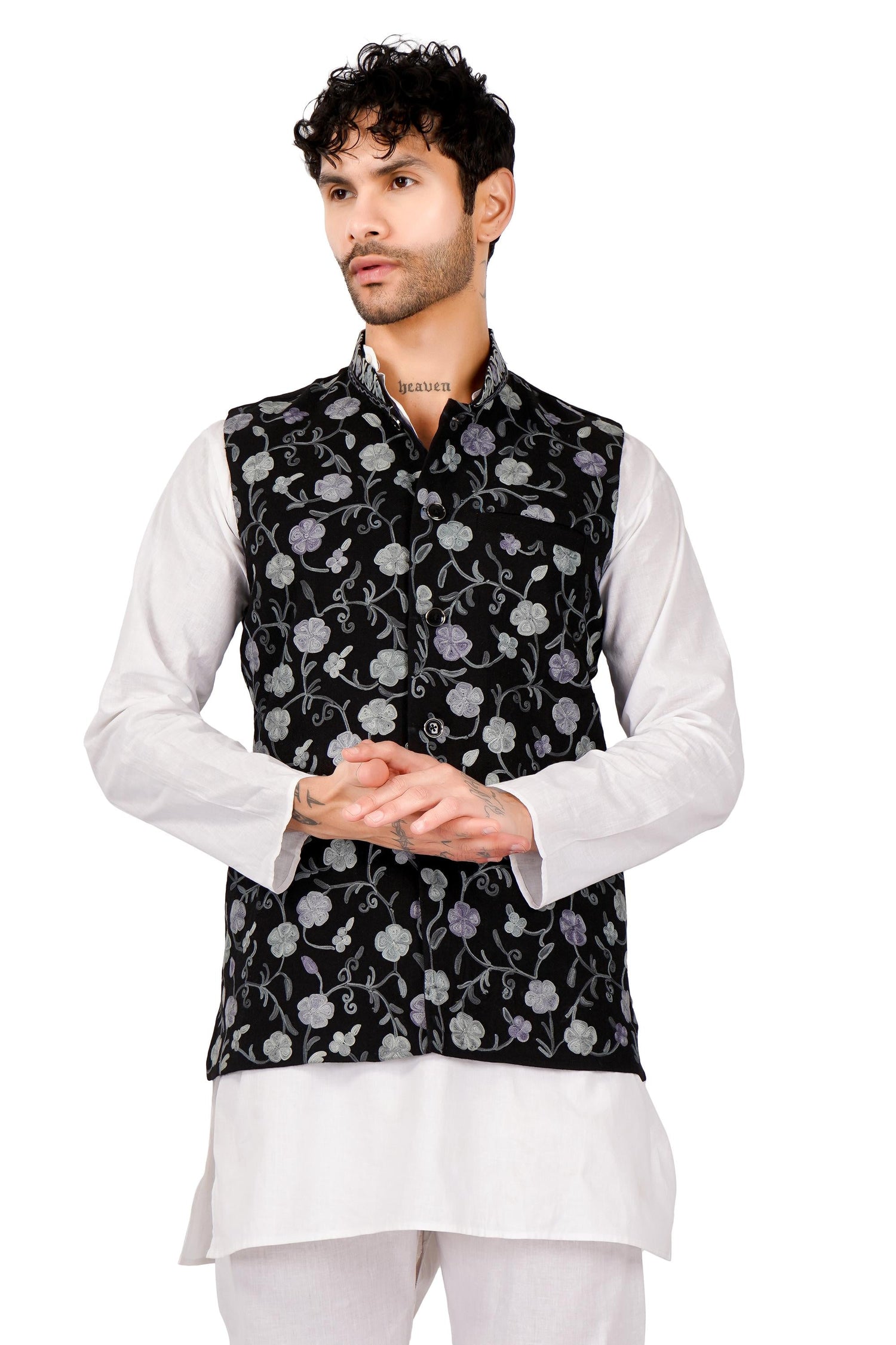 Handmade Kashmiri Aari Embroidered Nehru Jacket: Floral Modi Waistcoat - BATIN