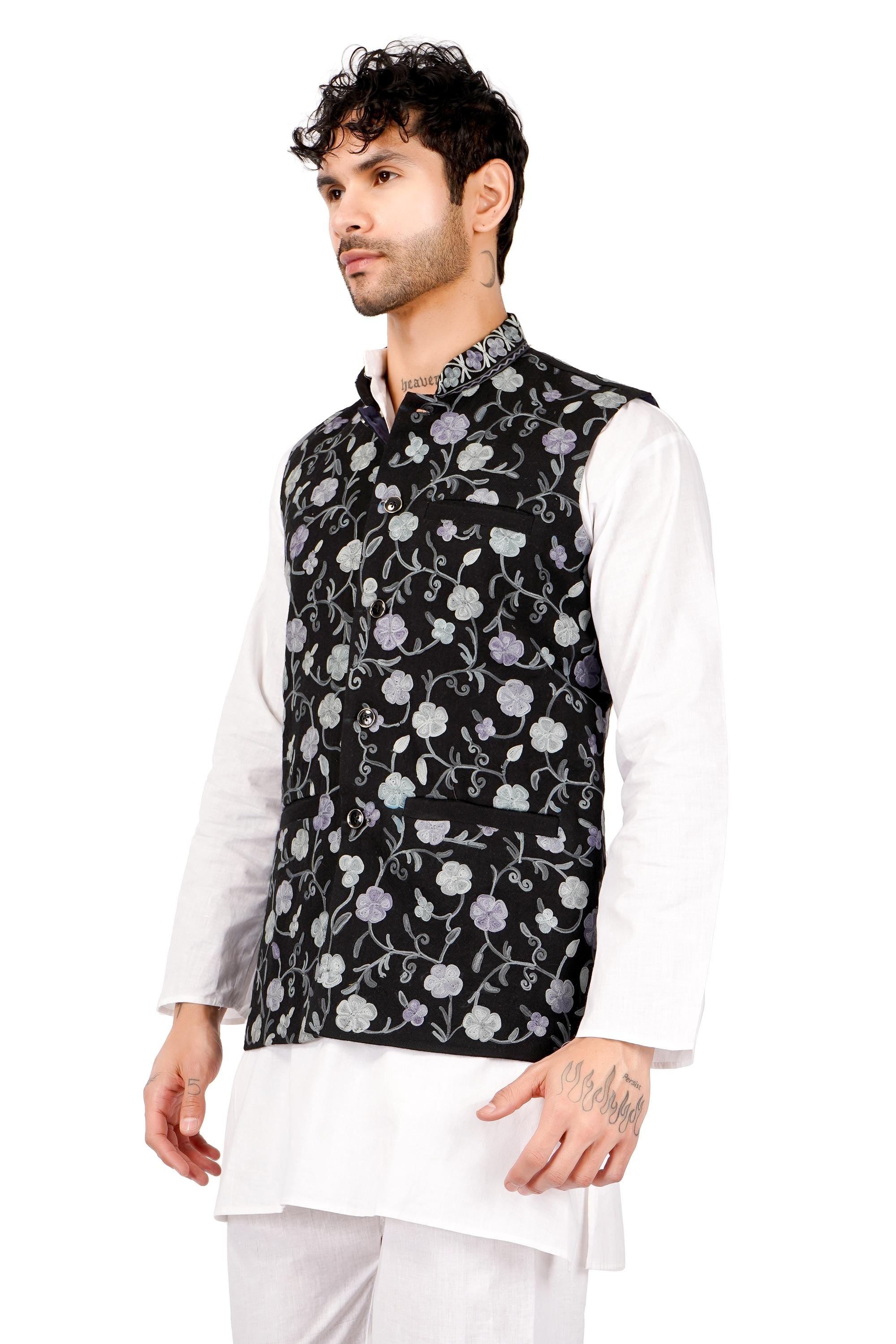 Handmade Kashmiri Aari Embroidered Nehru Jacket: Floral Modi Waistcoat - BATIN