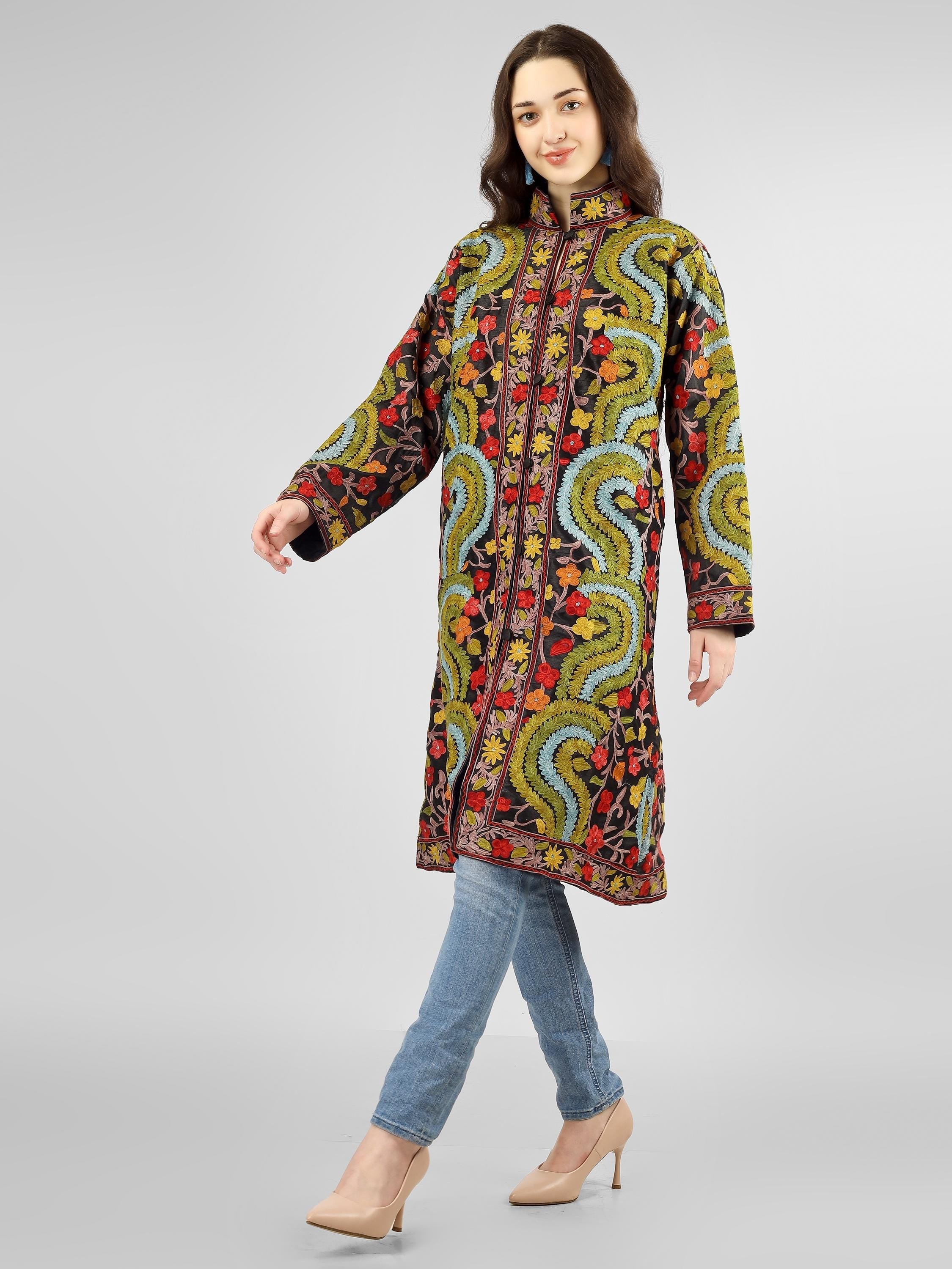 Handmade Aari Embroidered Silk Kashmiri Coat BATIN