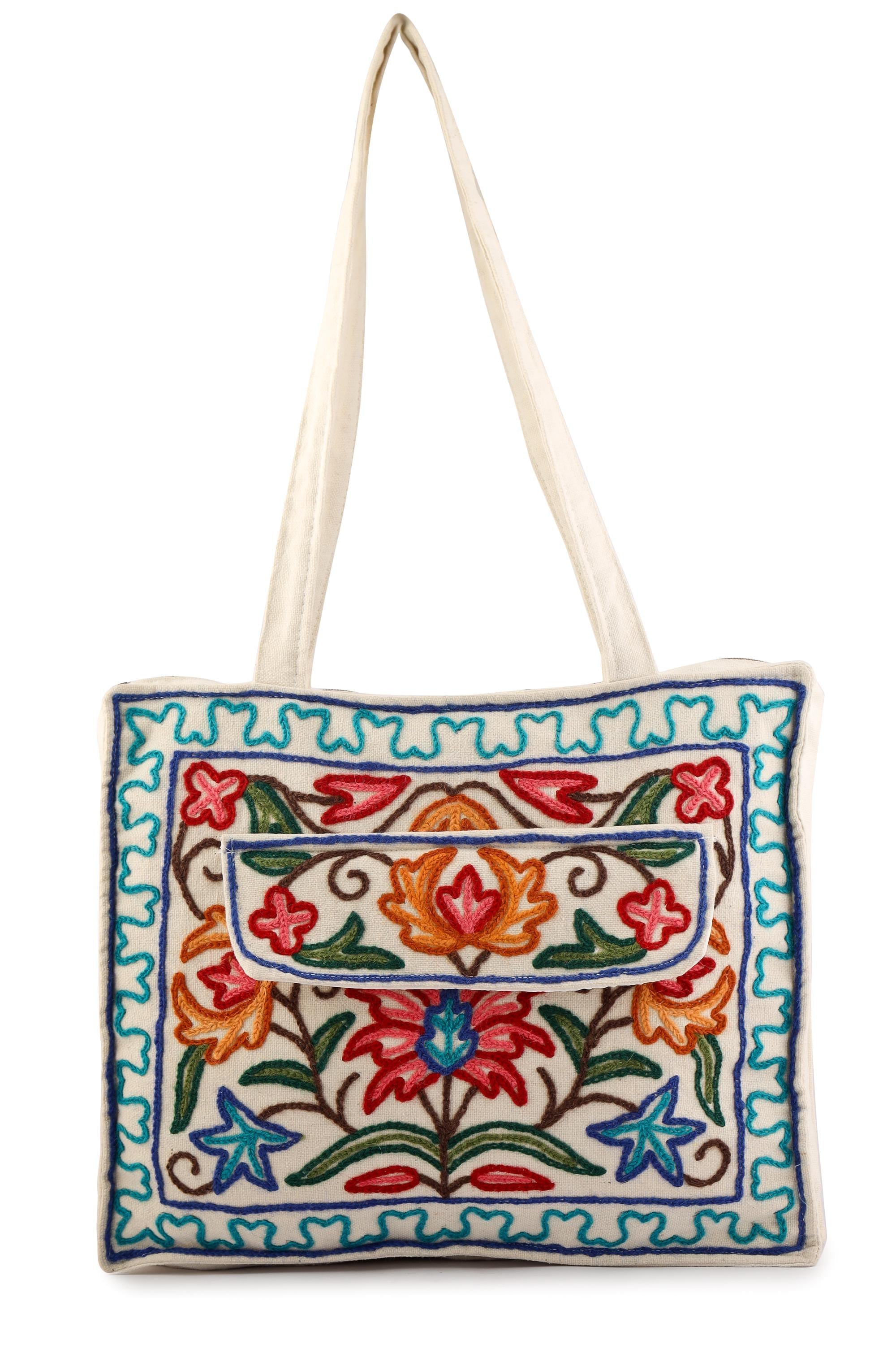 Handmade Kashmiri Embroidered Cotton Tote Bag: Boho Floral Shoulder Bag - BATIN