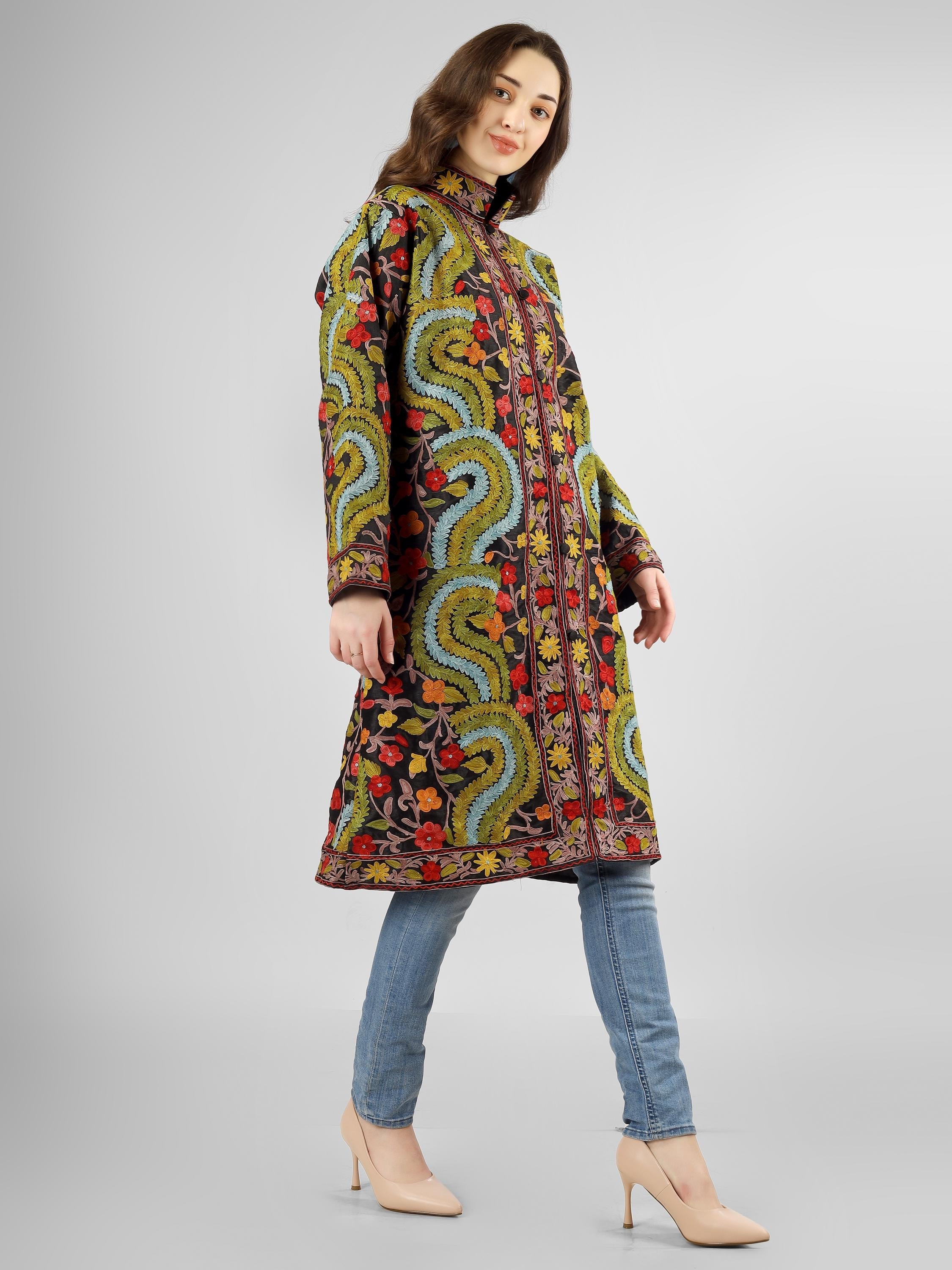 Handmade Aari Embroidered Silk Kashmiri Coat BATIN