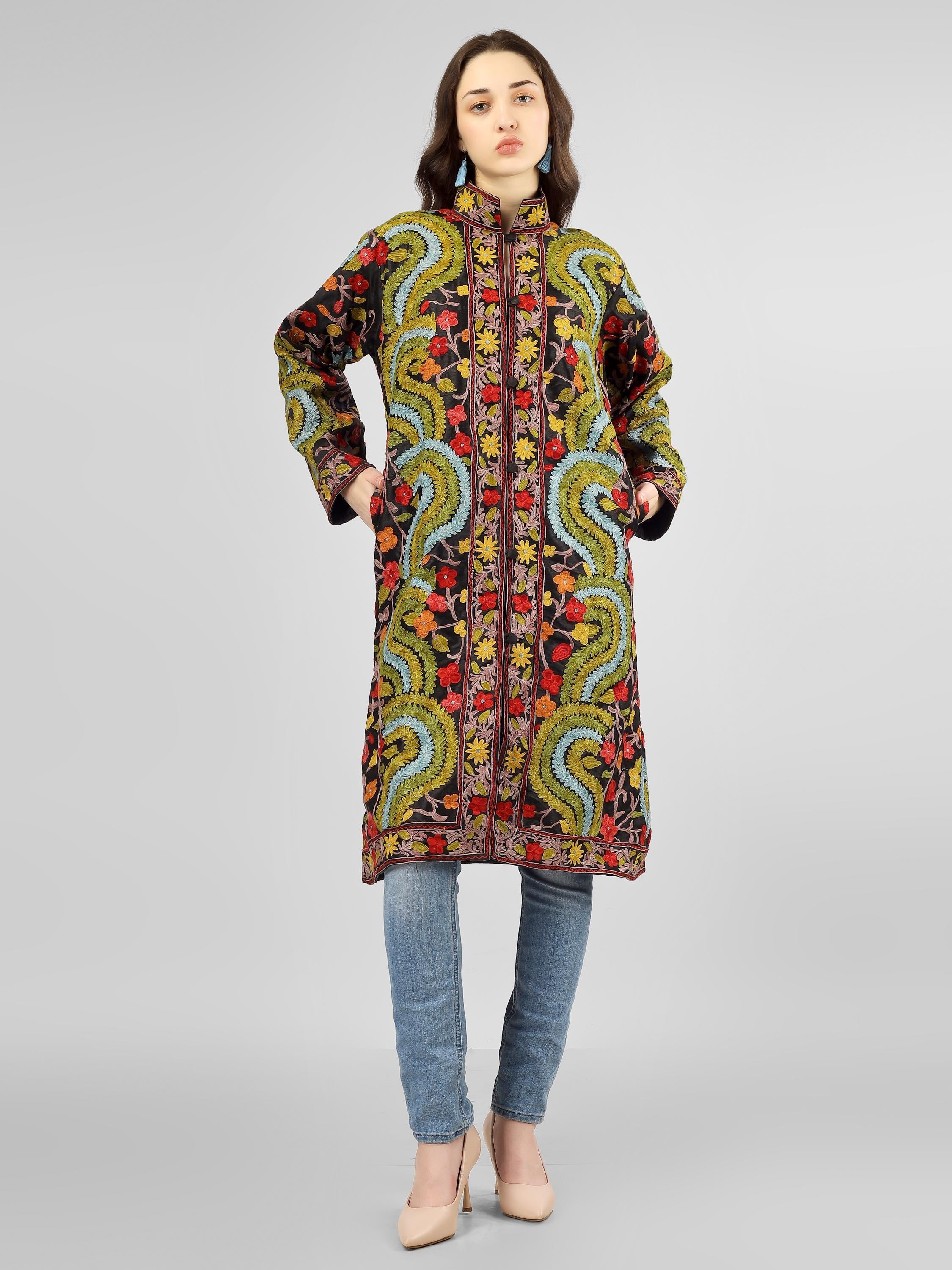 Handmade Aari Embroidered Silk Kashmiri Coat BATIN