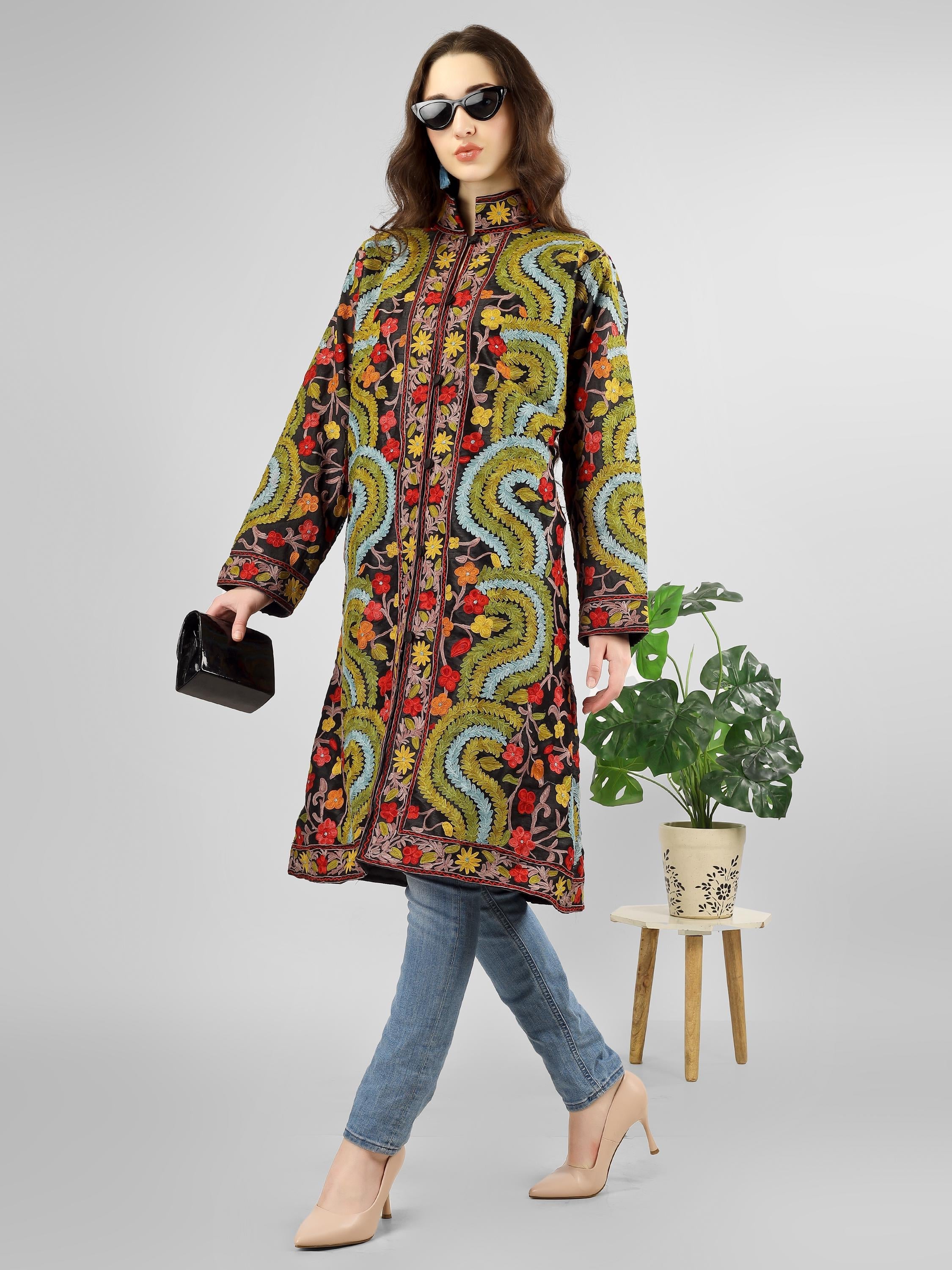 Handmade Aari Embroidered Silk Kashmiri Coat BATIN