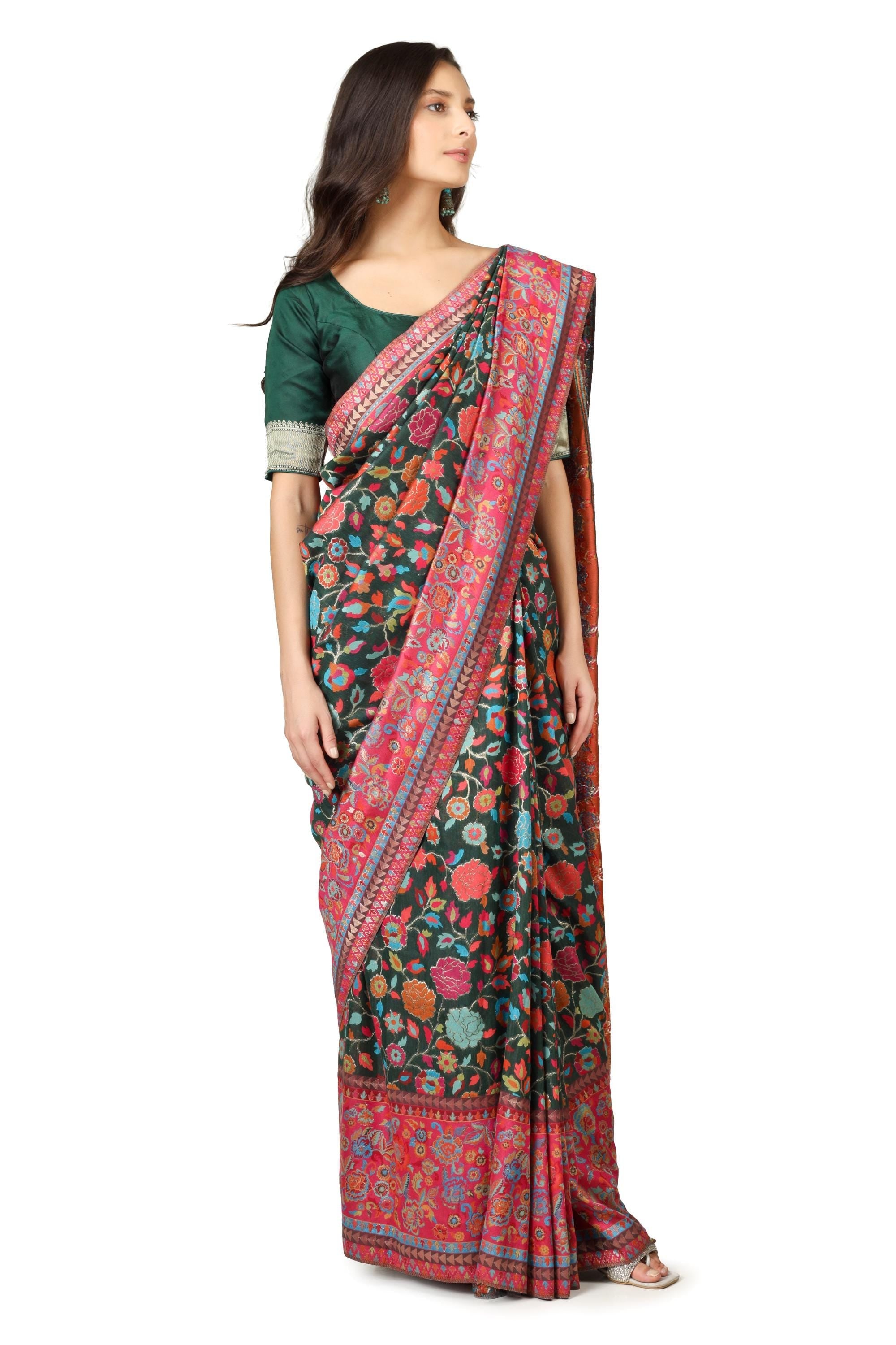 Kashmiri Kani Silk Saree with Blouse: Black Woven Indian Sari BATIN