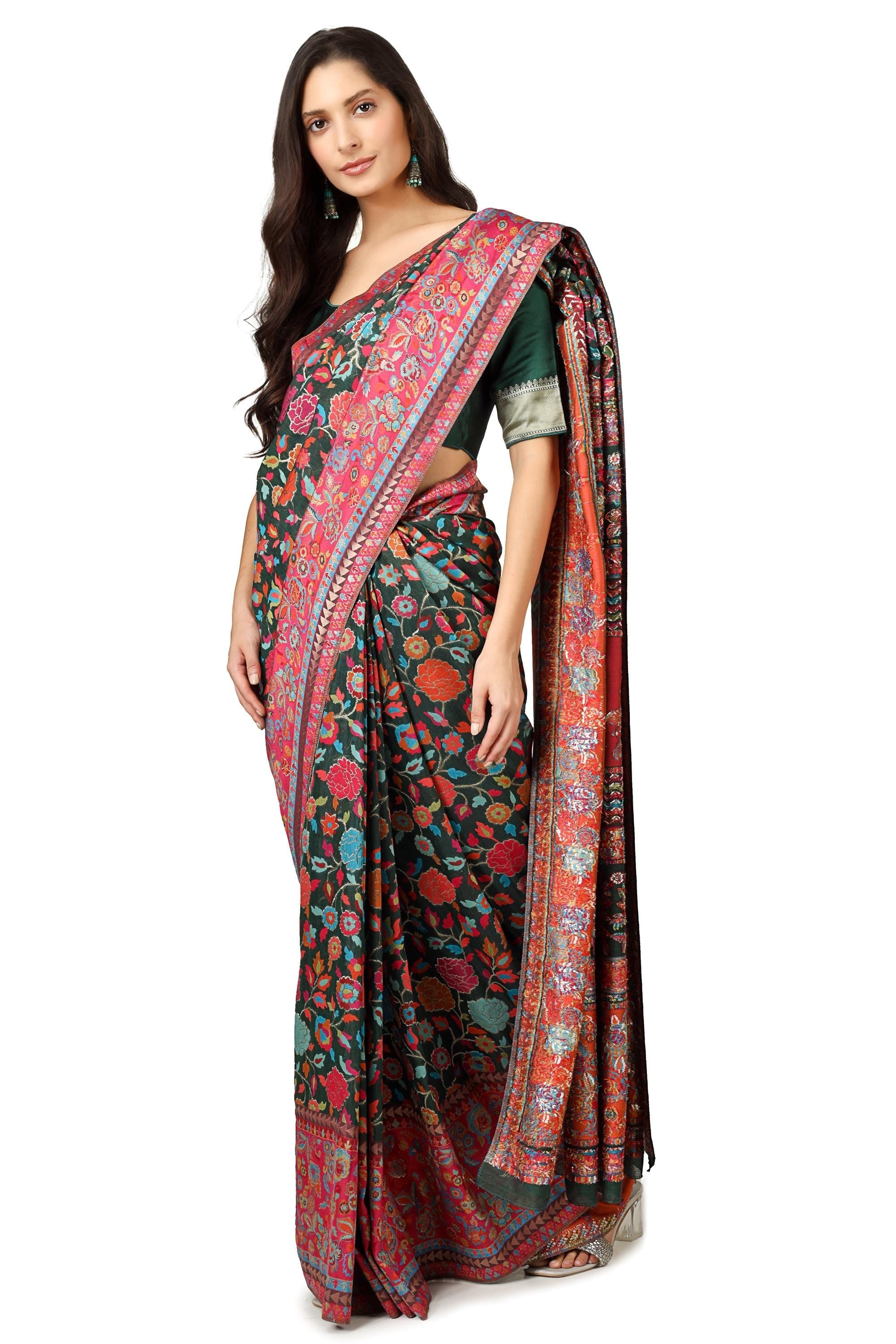Kashmiri Kani Silk Saree with Blouse: Black Woven Indian Sari BATIN