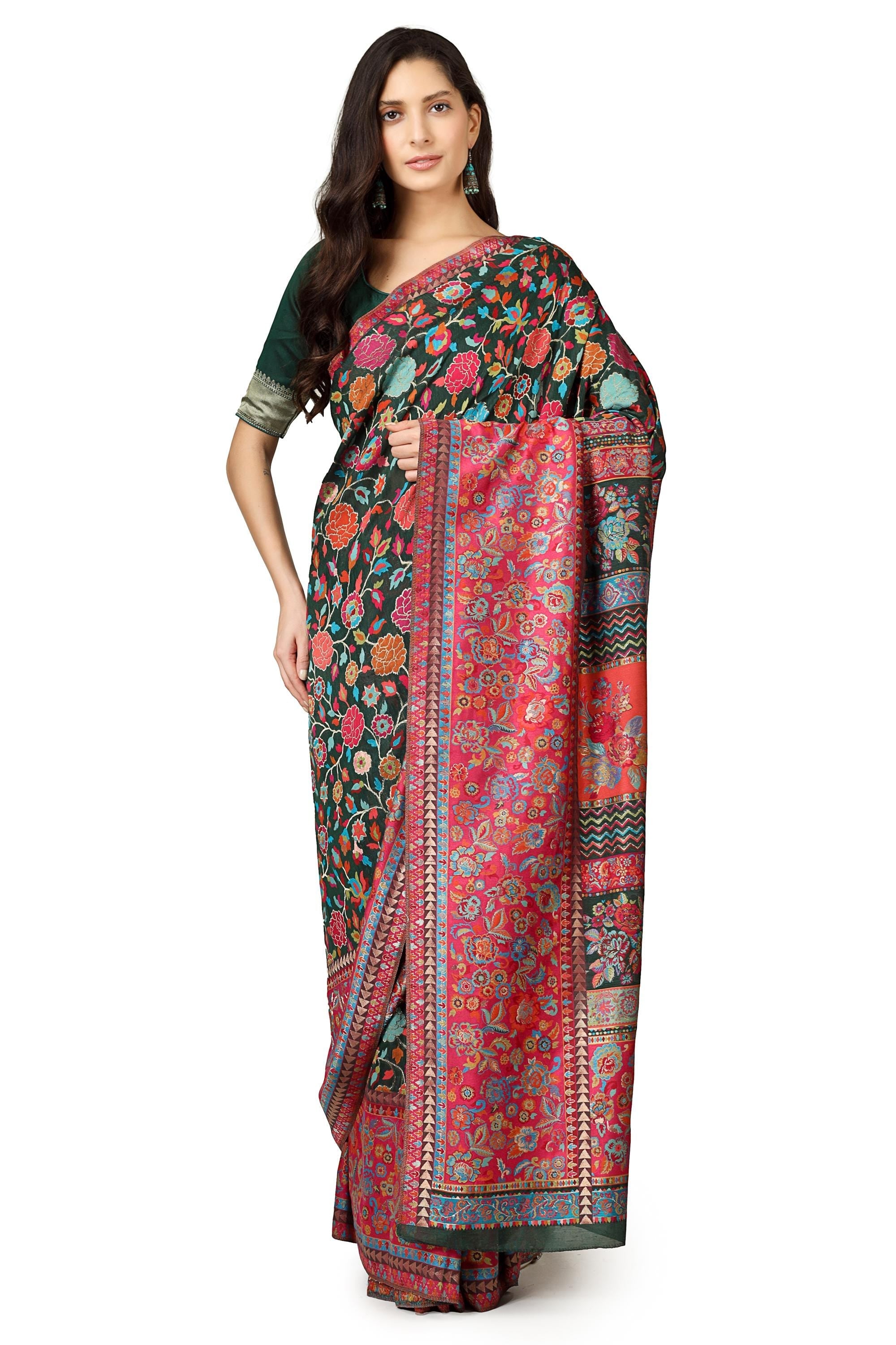 Kashmiri Kani Silk Saree with Blouse: Black Woven Indian Sari BATIN