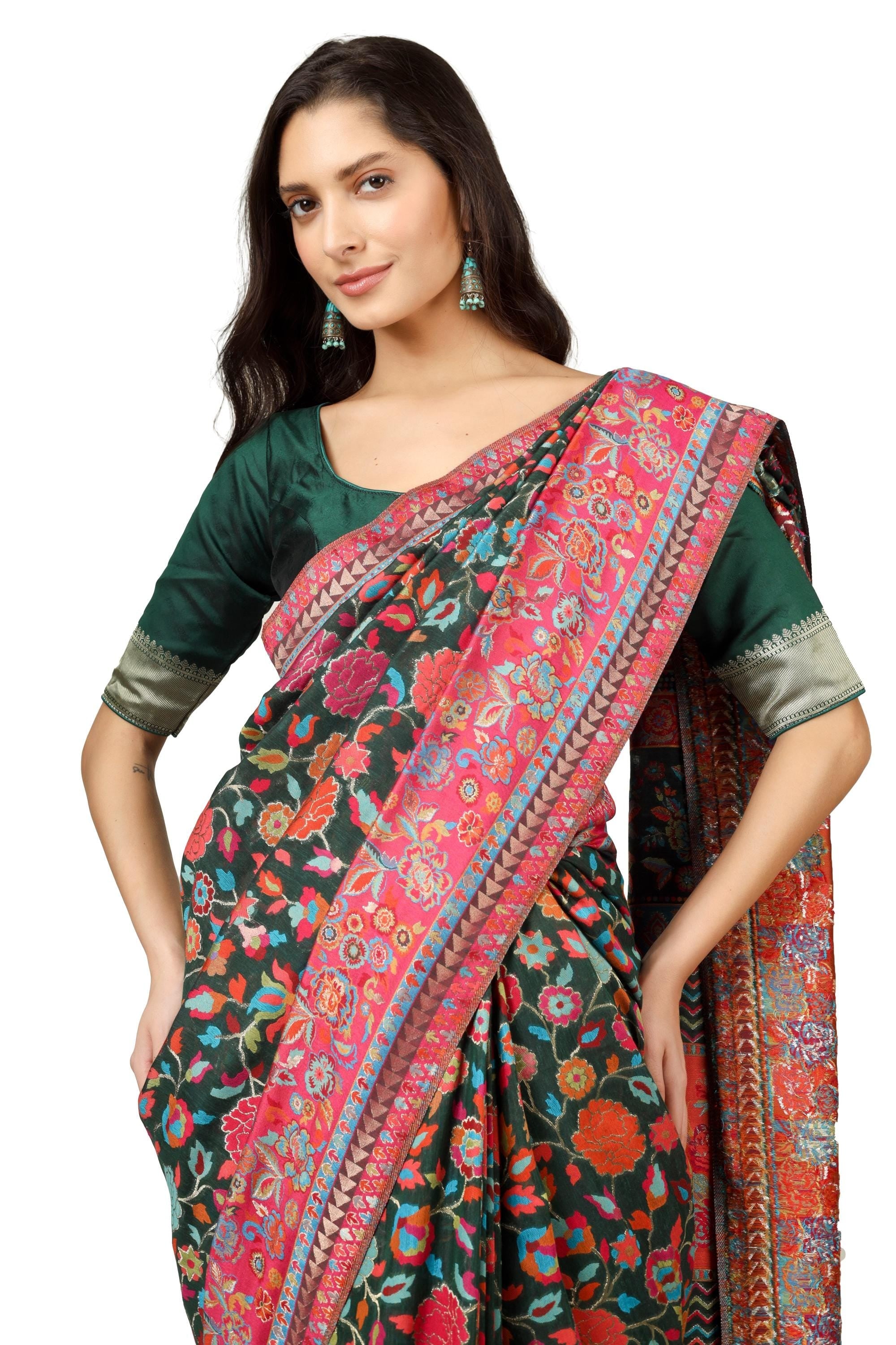 Kashmiri Kani Silk Saree with Blouse: Black Woven Indian Sari BATIN