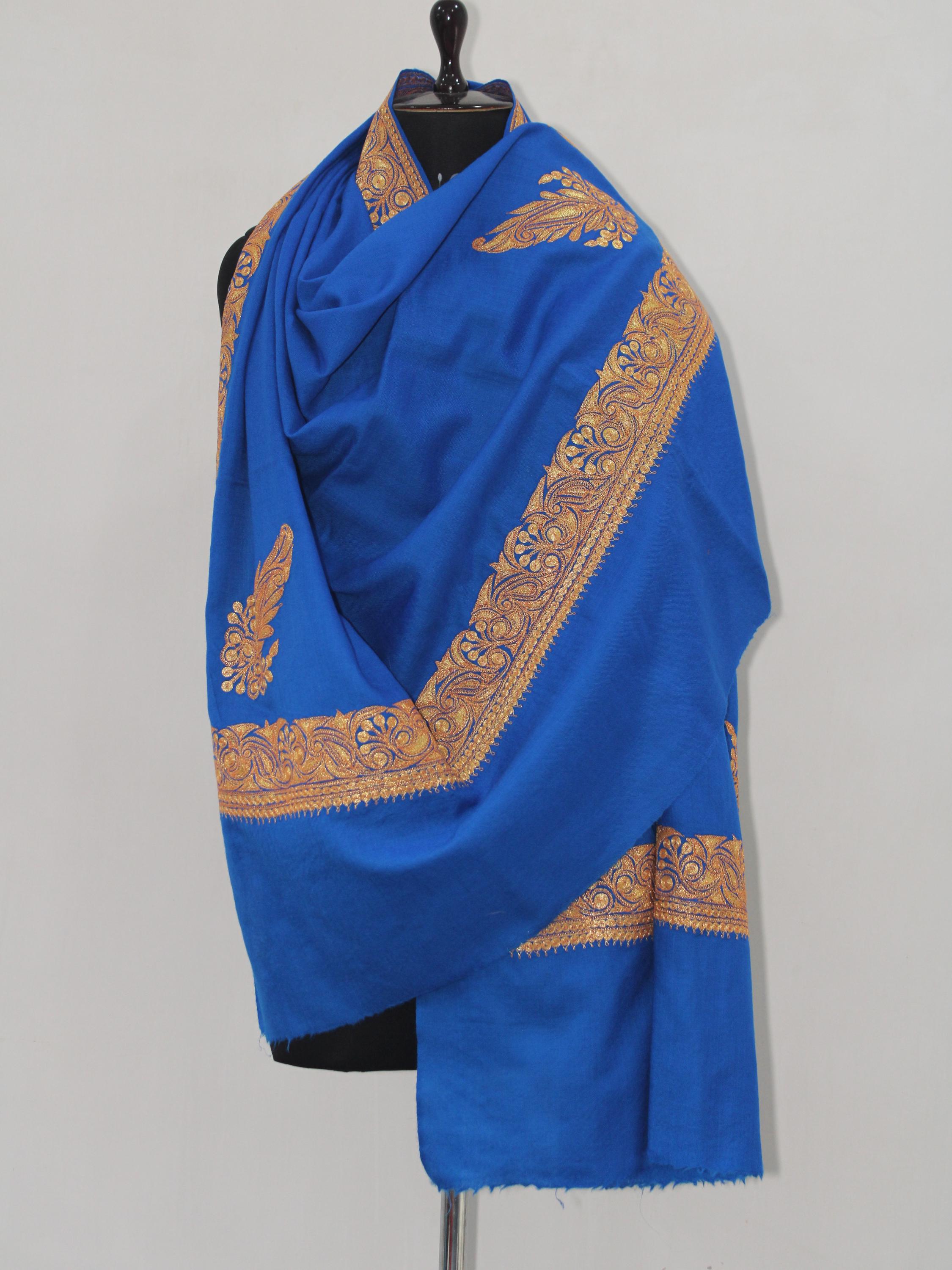Kashmiri Tilla Embroidered Merino Wool Shawl: Royal Blue Wrap BATIN