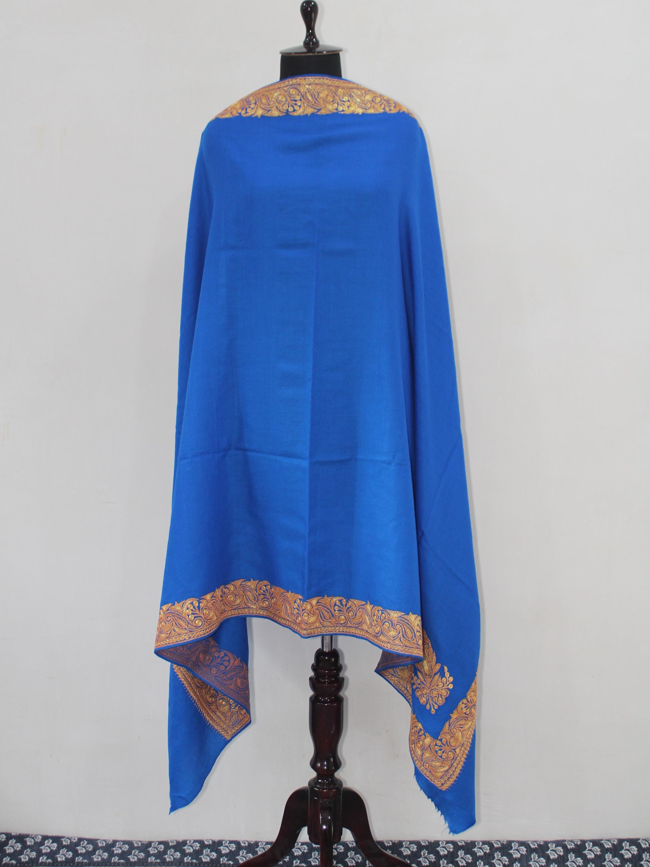 Kashmiri Tilla Embroidered Merino Wool Shawl: Royal Blue Wrap BATIN