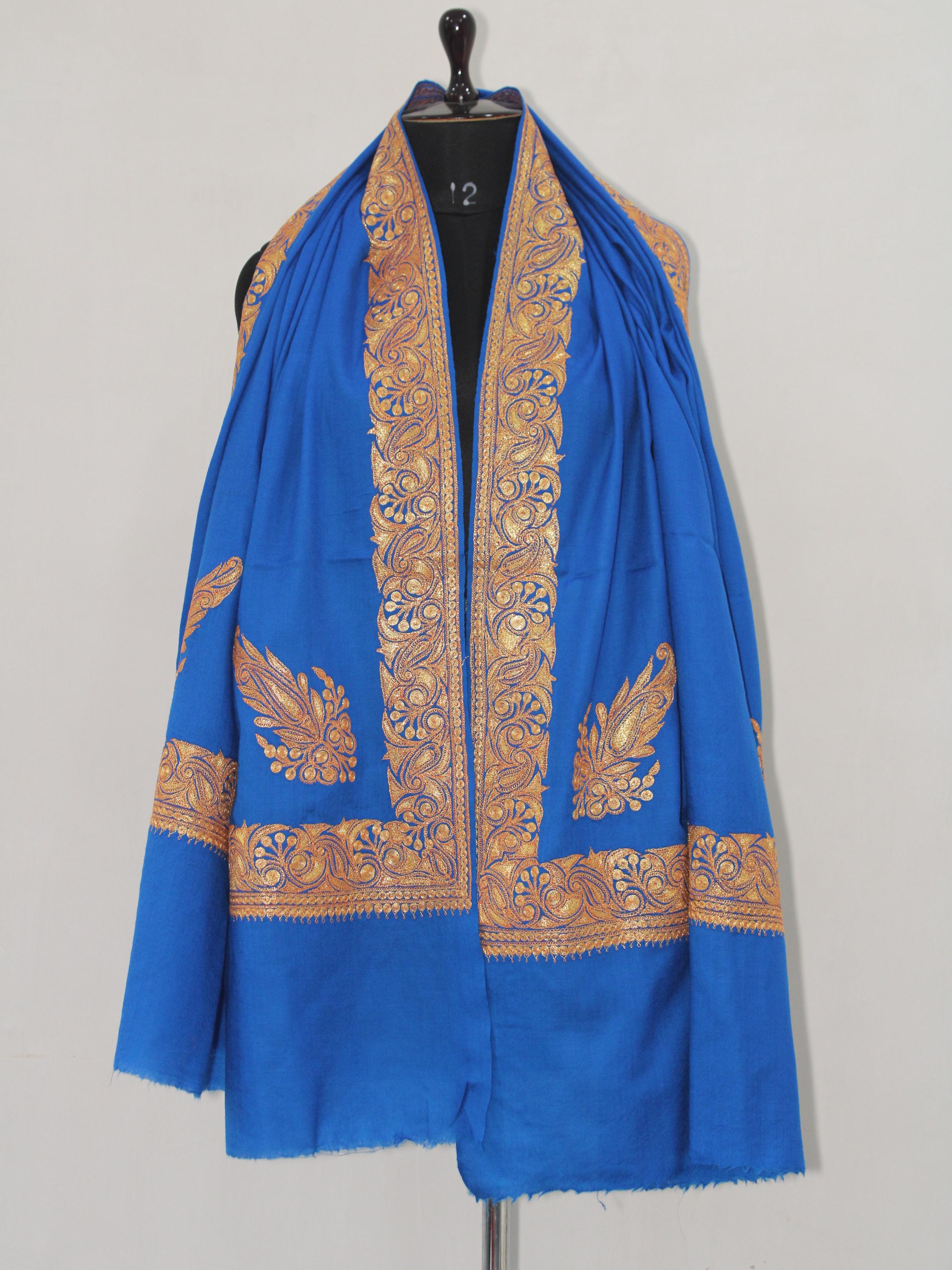 Kashmiri Tilla Embroidered Merino Wool Shawl: Royal Blue Wrap BATIN