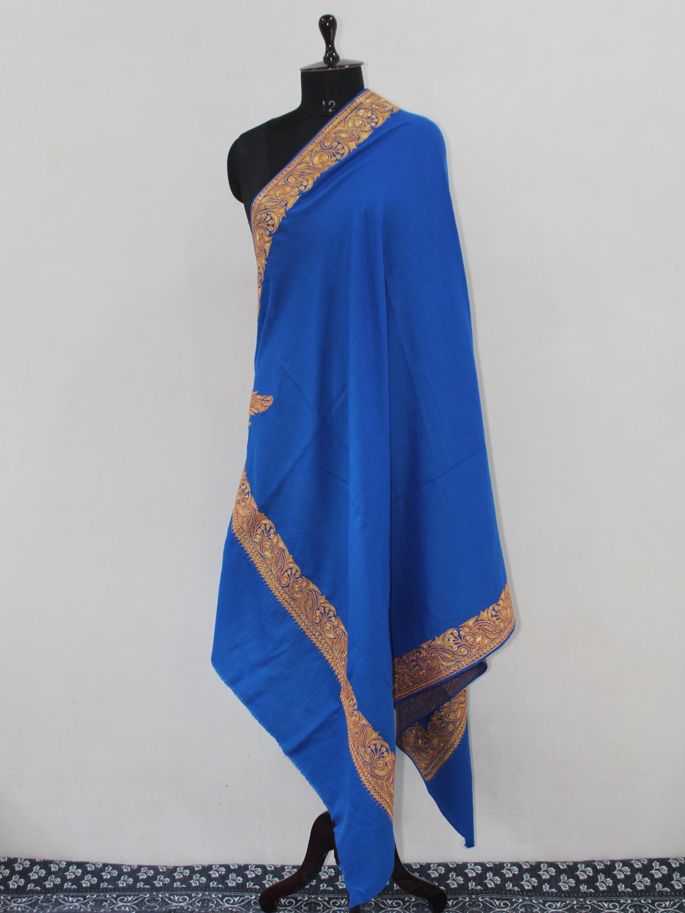 Kashmiri Tilla Embroidered Merino Wool Shawl: Royal Blue Wrap BATIN