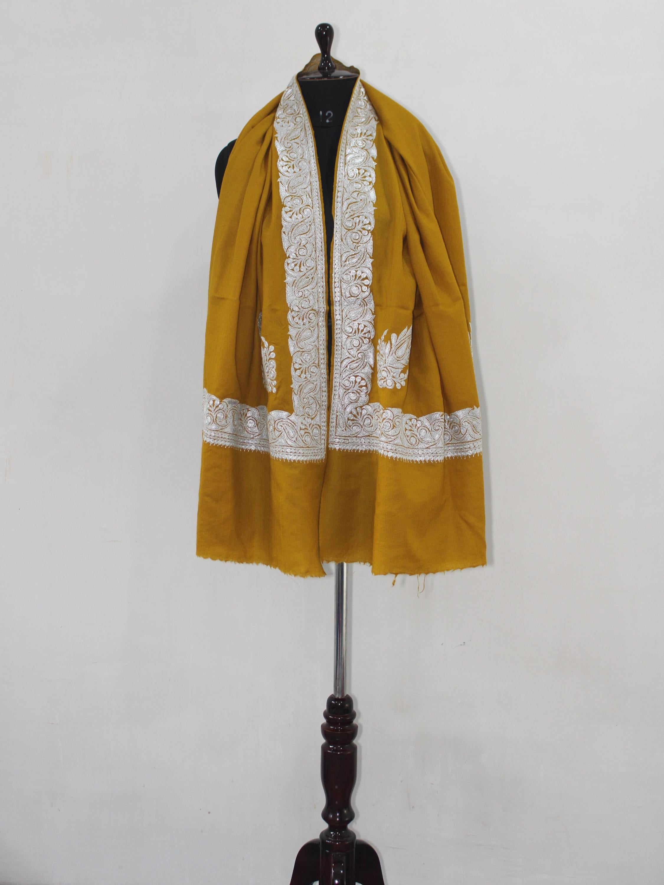 Fine Merino Wool Tilla Embroidered Mustard Shawl BATIN