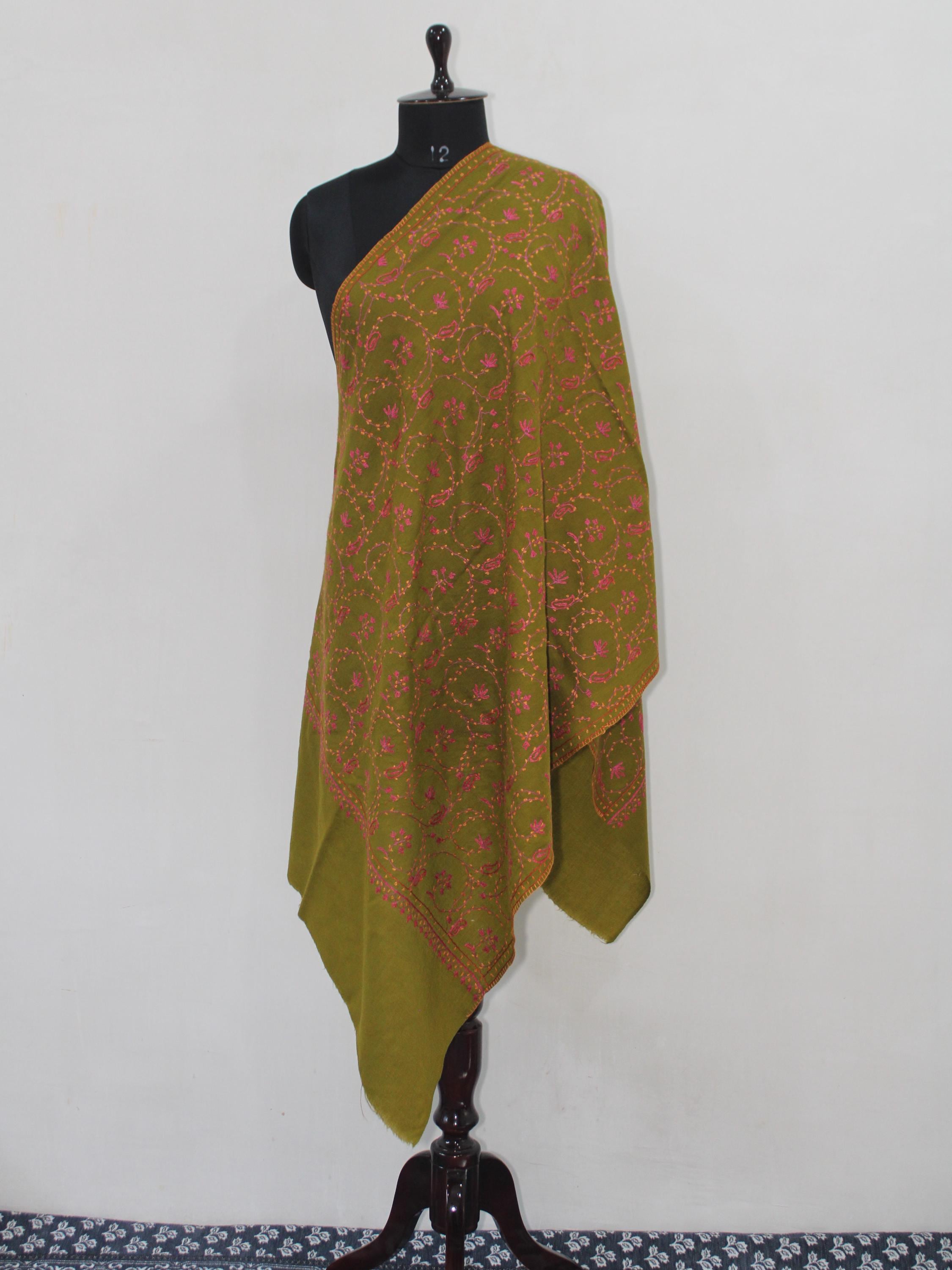 Fine Merino Wool Sozni Embroidered Green Stole BATIN