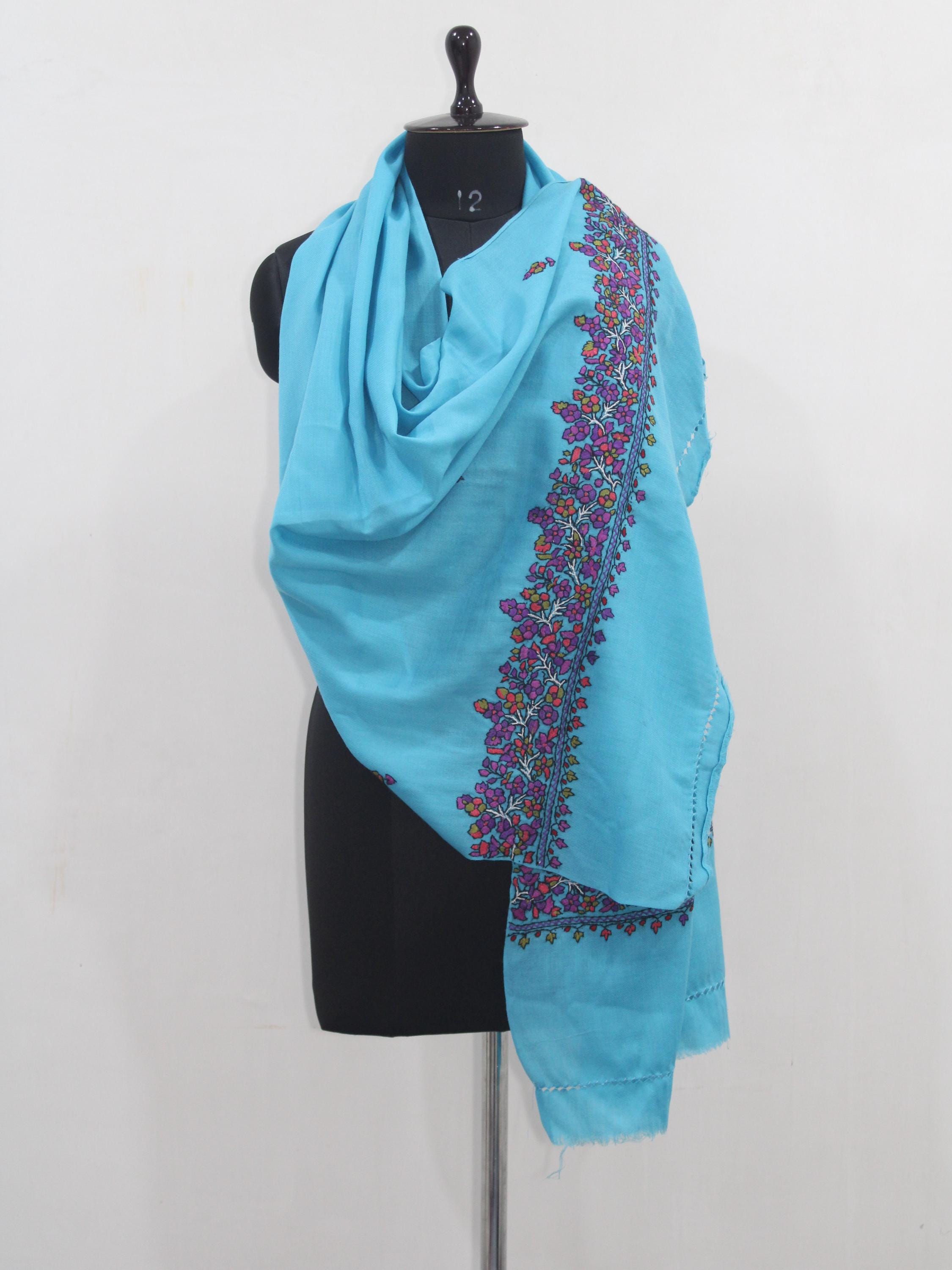 Kashmiri Ferozi Wool Scarf: Handmade Paper Mache Embroidery Stole - BATIN