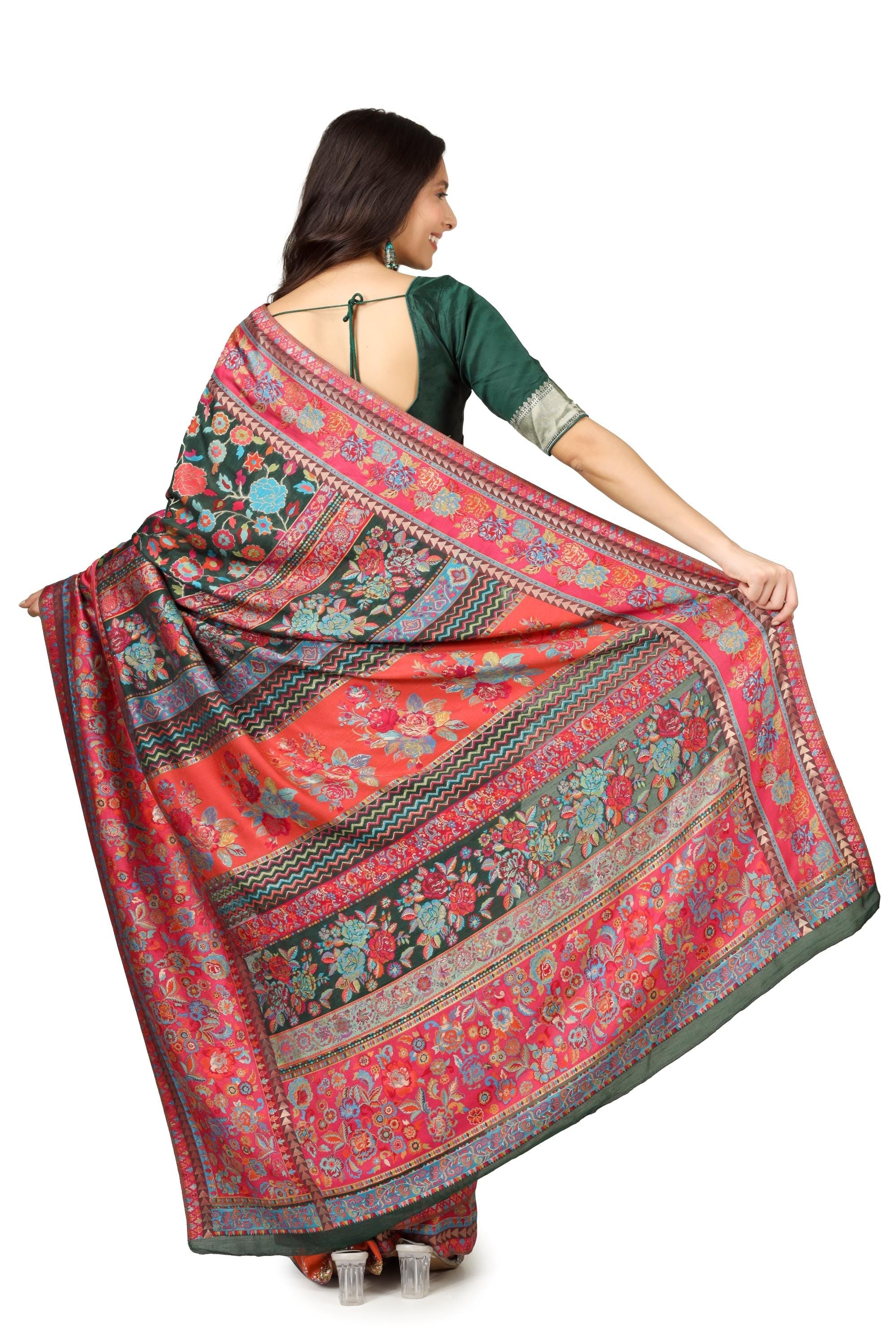 Kashmiri Kani Silk Saree with Blouse: Black Woven Indian Sari BATIN