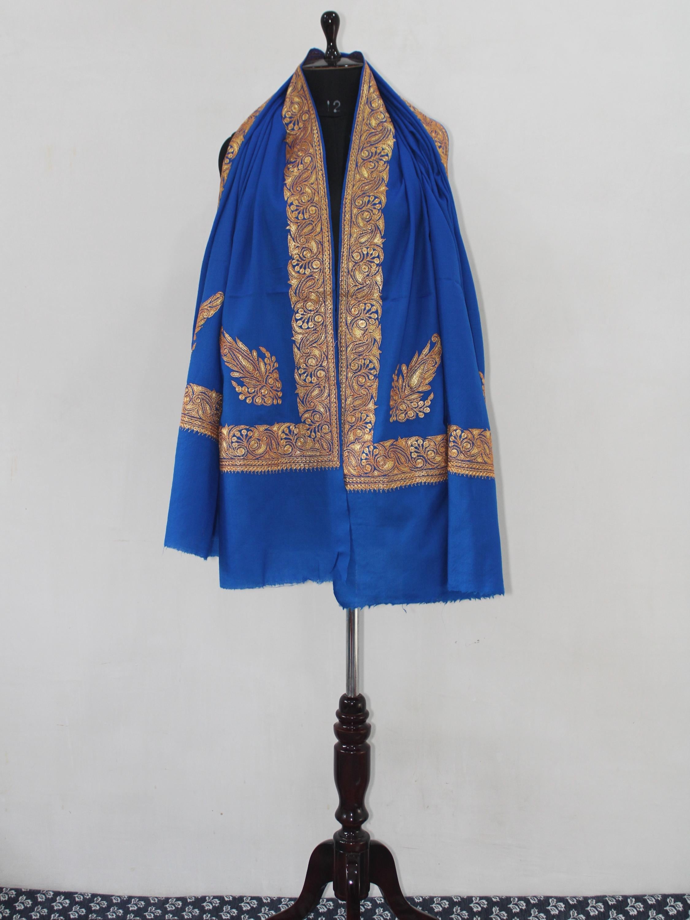 Kashmiri Tilla Embroidered Merino Wool Shawl: Royal Blue Wrap BATIN