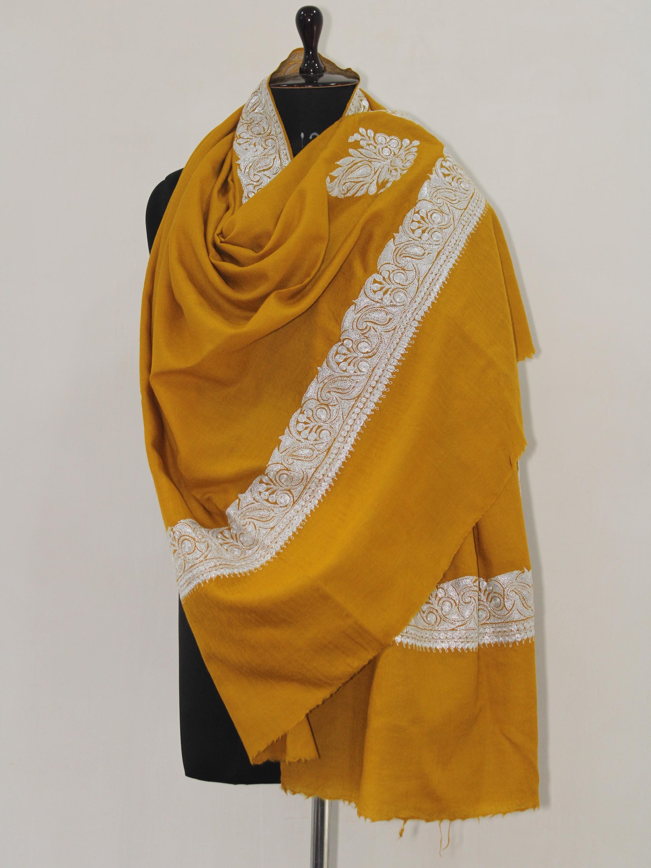 Fine Merino Wool Tilla Embroidered Mustard Shawl BATIN