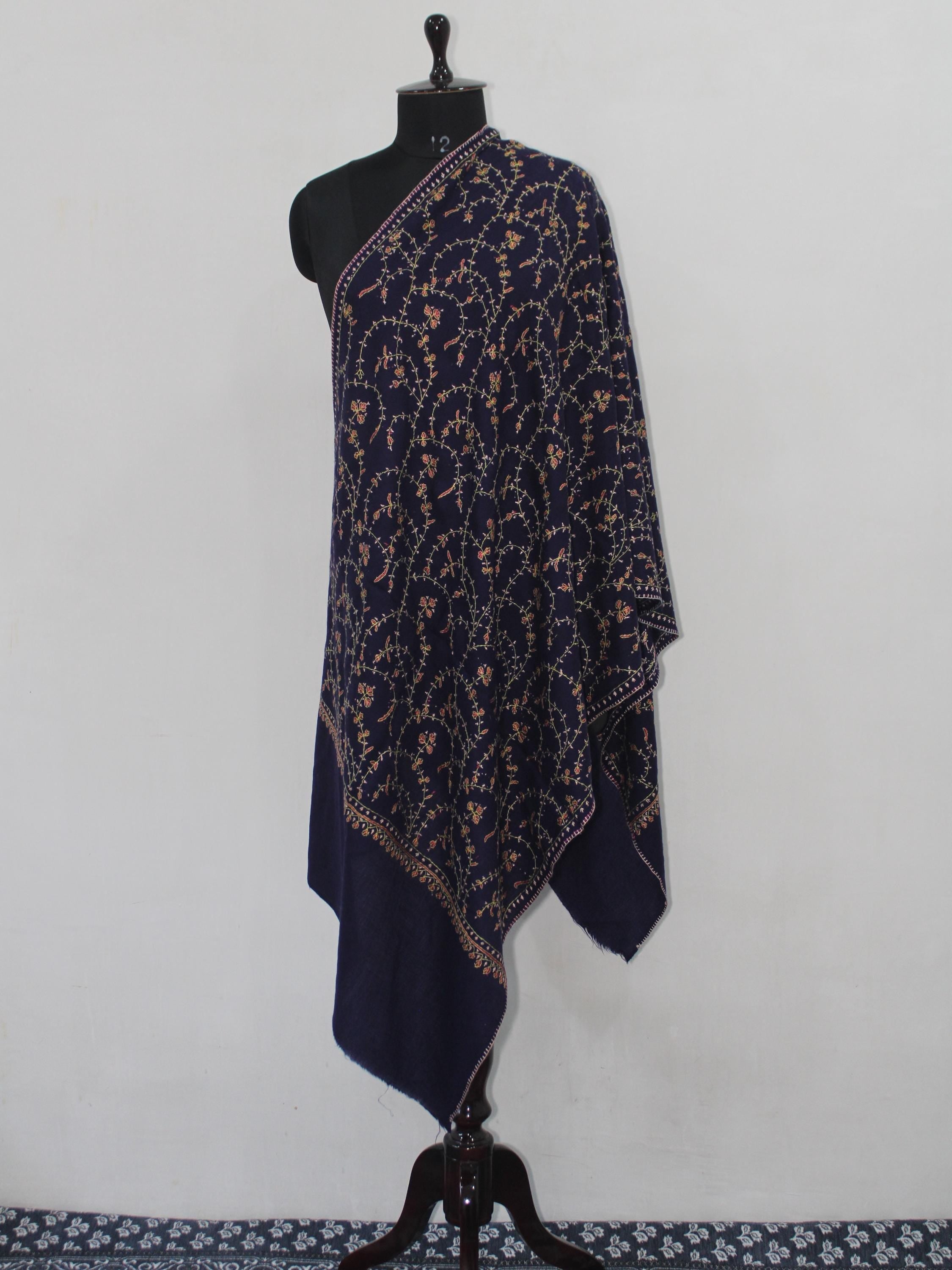 Fine Merino Wool Sozni Embroidered Blue Stole BATIN