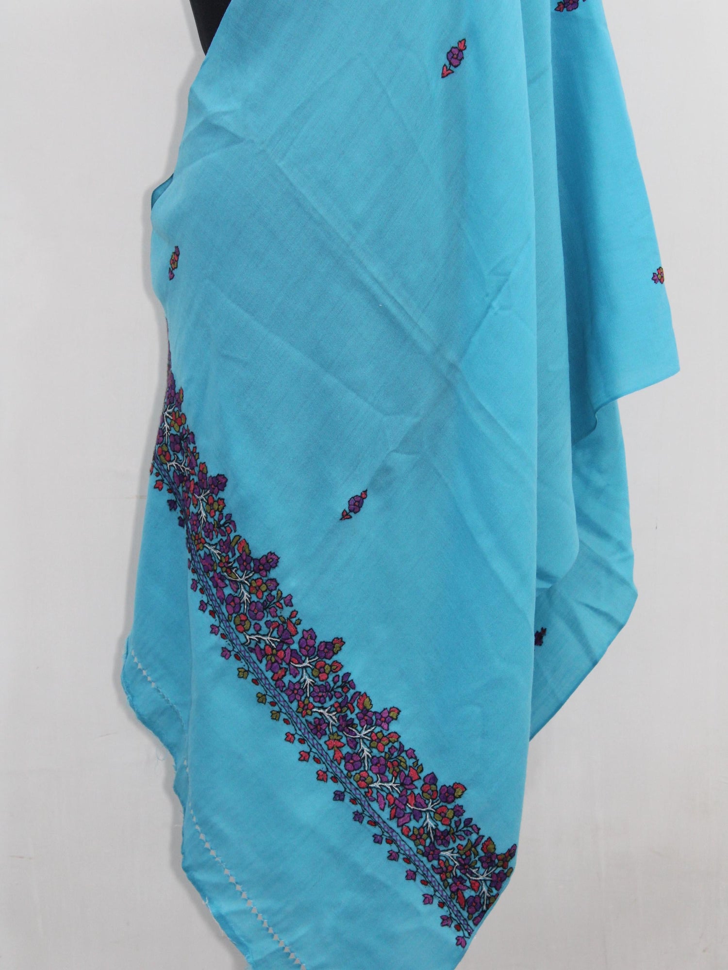 Kashmiri Ferozi Wool Scarf: Handmade Paper Mache Embroidery Stole - BATIN