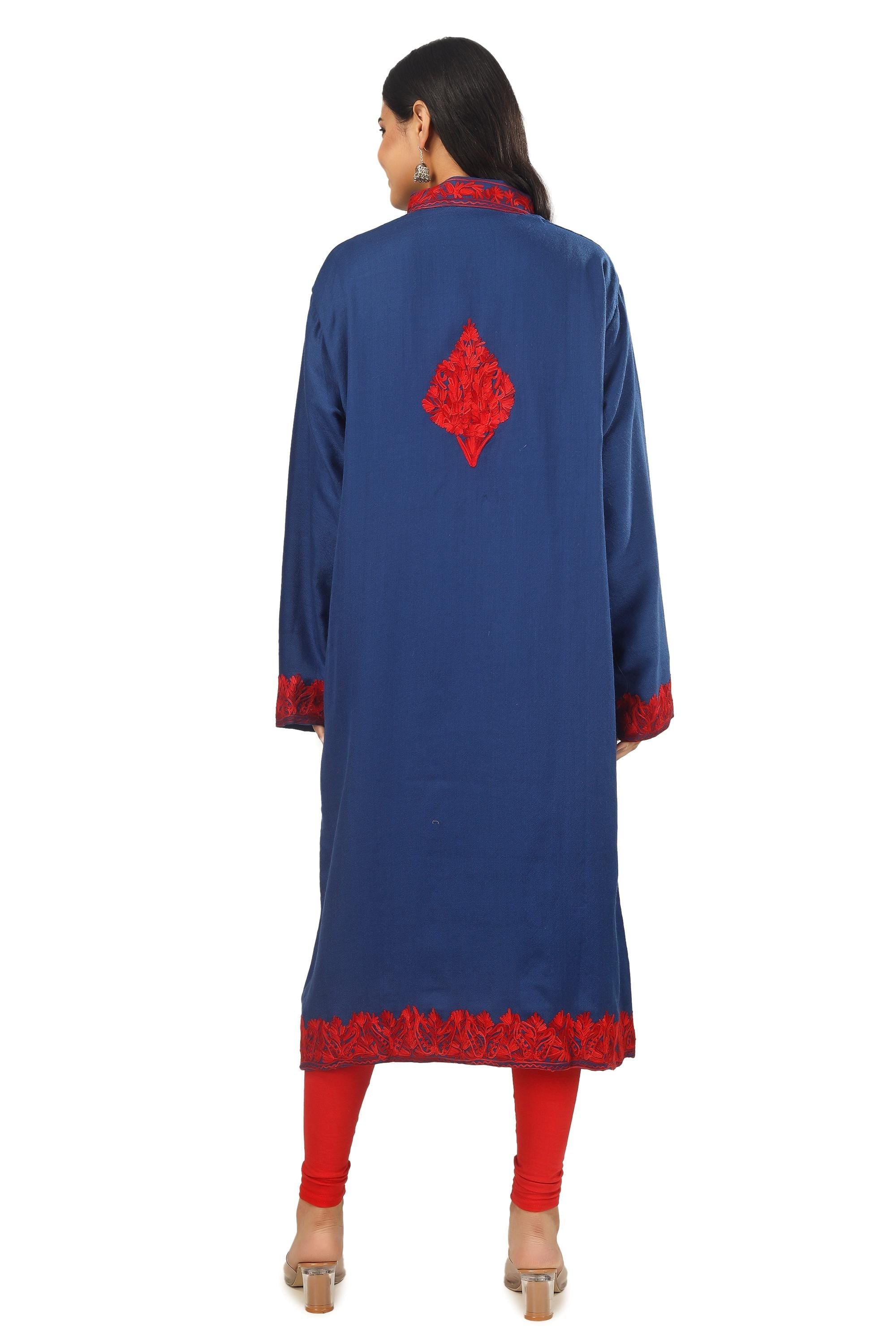 Handmade Kashmiri Embroidered Wool Jacket: Blue Aari Work Coat BATIN