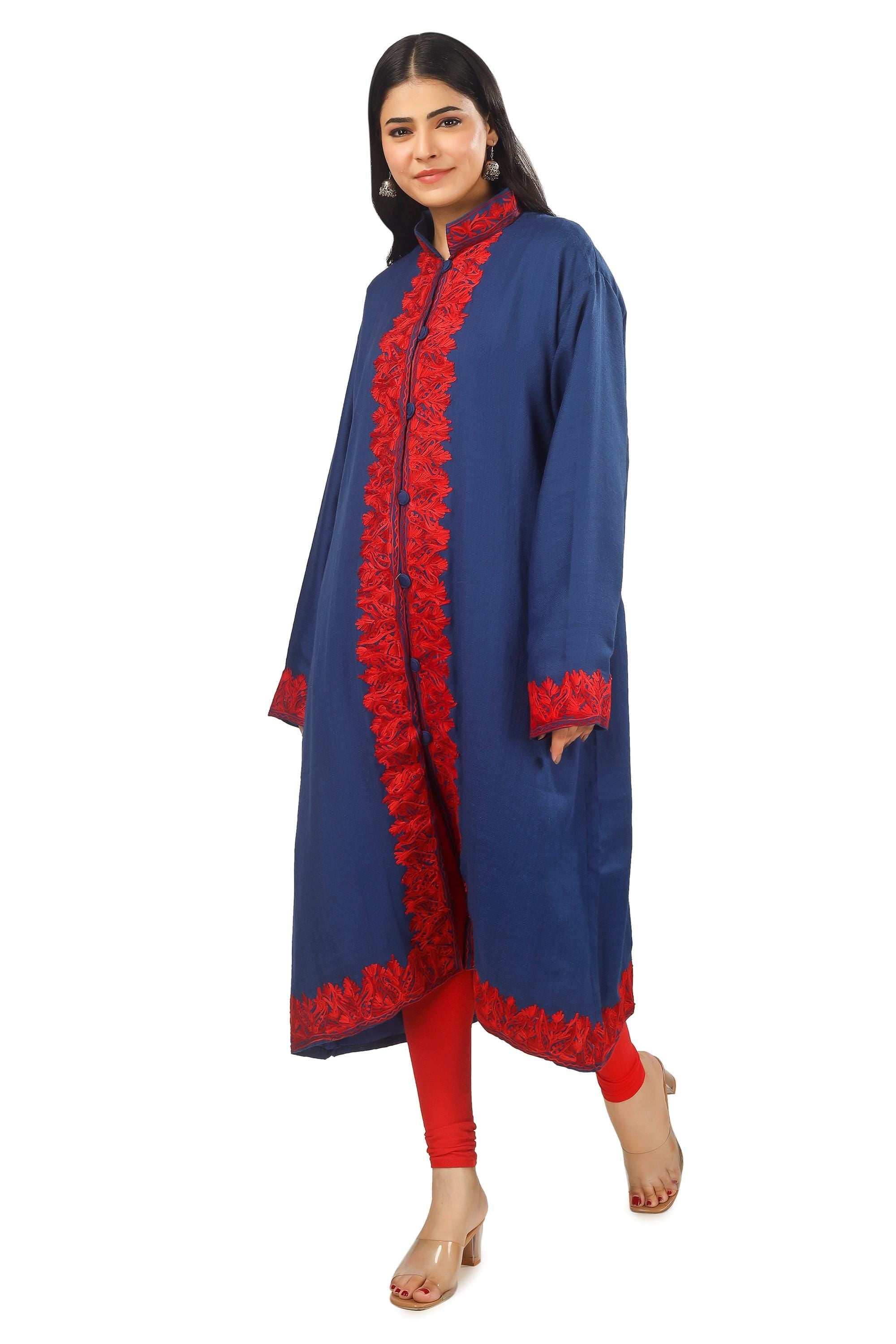 Handmade Kashmiri Embroidered Wool Jacket: Blue Aari Work Coat BATIN