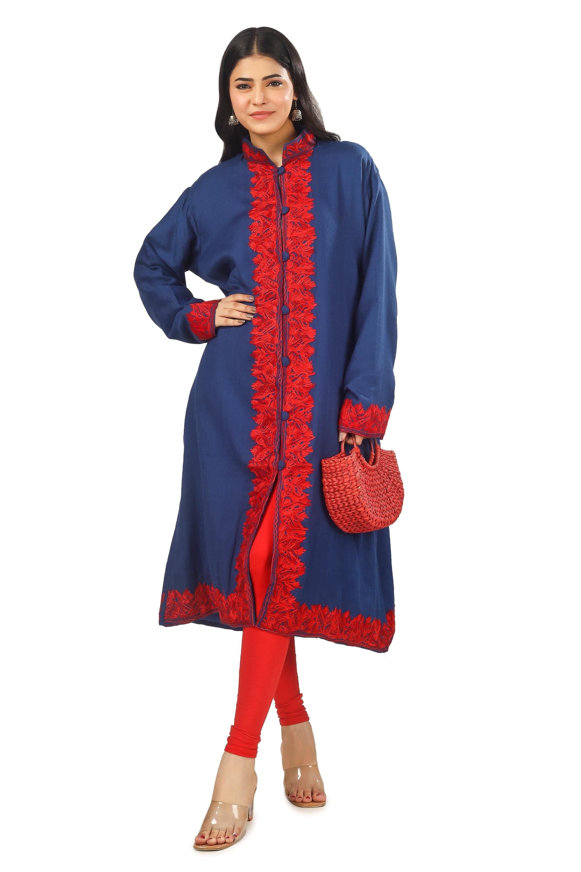 Handmade Kashmiri Embroidered Wool Jacket: Blue Aari Work Coat BATIN